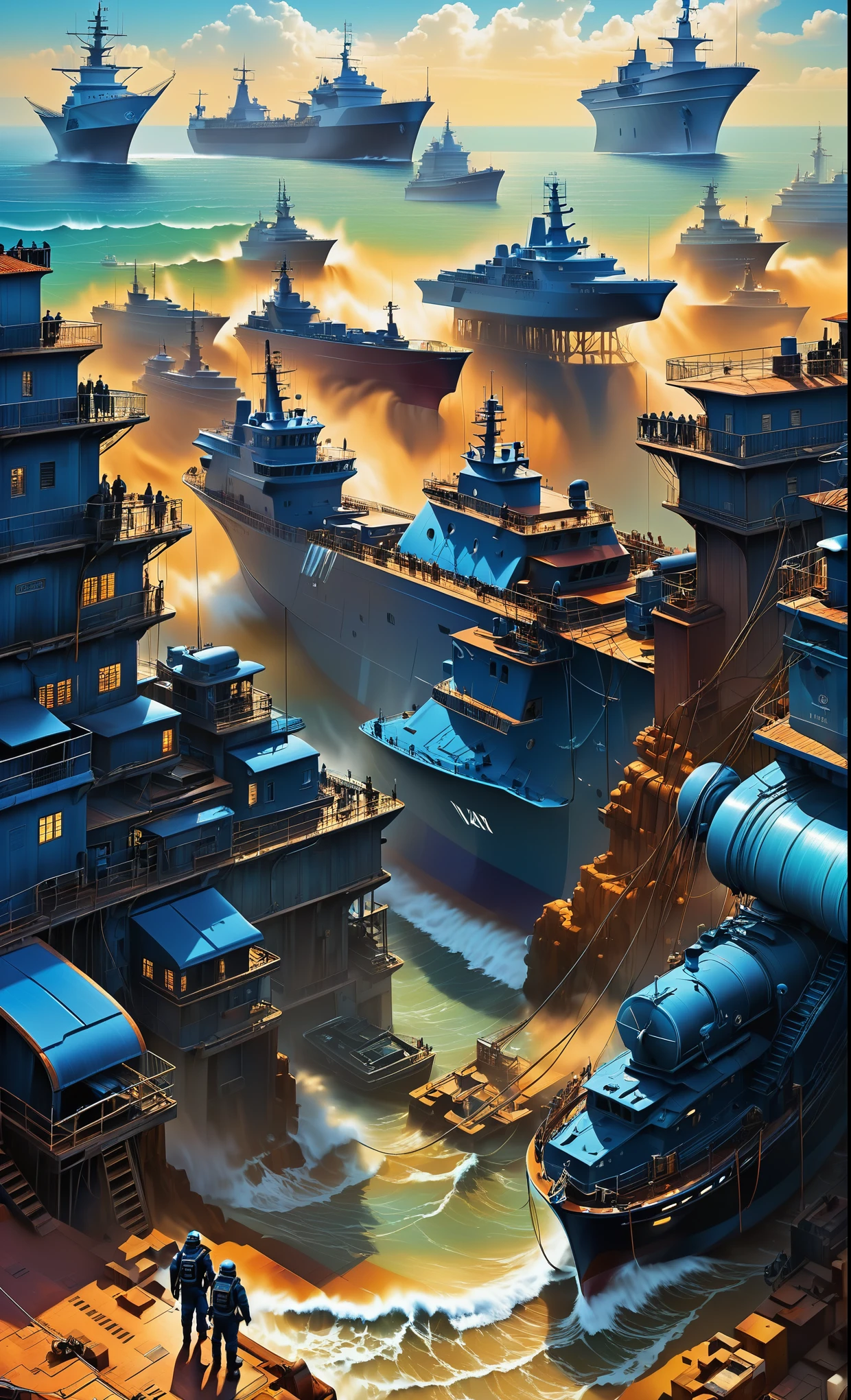 Nazare Nautica vol.2 - Port and shipyard, by Luis Duarte, Nanopunk, blue shading, Nazare style, Element Water, Mythpunk, Graphic Interface, Space Art, Sci-Fic Art, Dark Influence, NijiExpress 3D v3, Kinetic Art, Datanoshing, Oilpainting, Ink v3, Splash style, Abstract Art, Abstract Tech, Cyber Tech Elements, Futuristic, Epic style, Illustrated v3, Deco Influence, AirBrush style, drawing