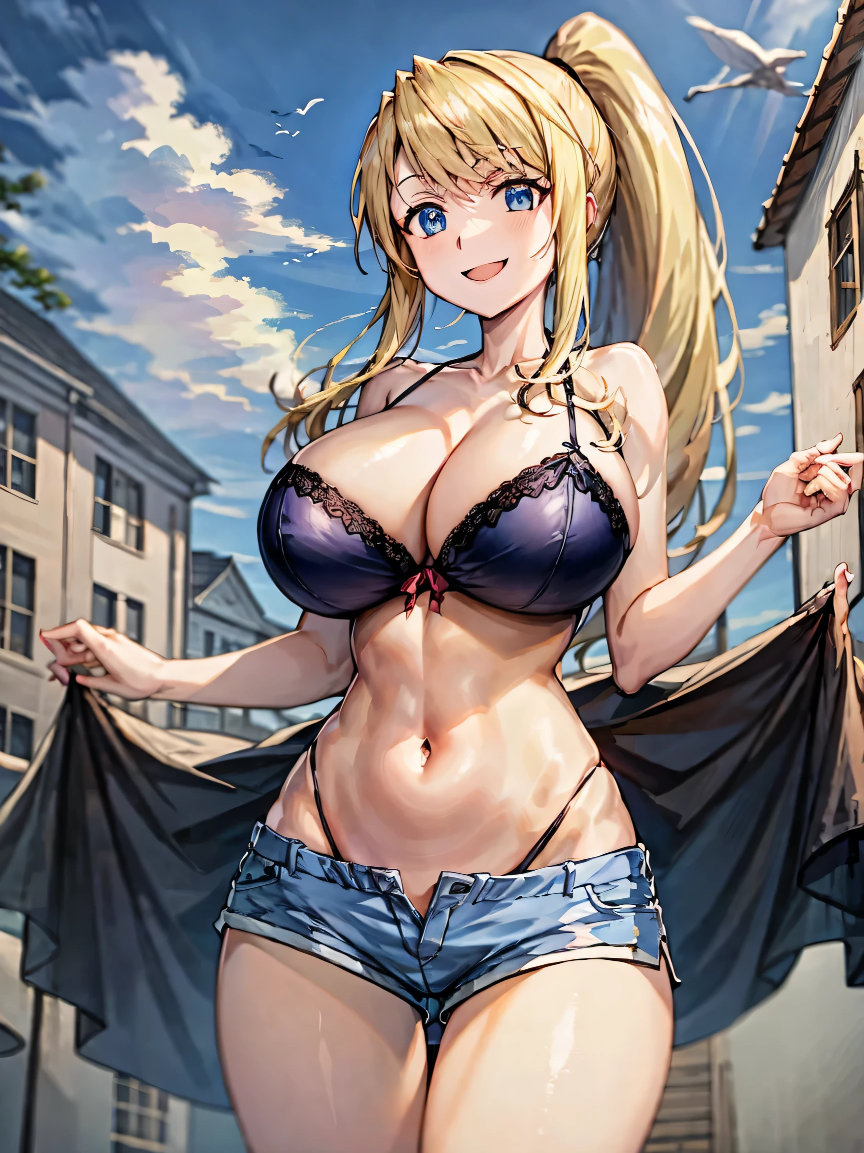 blonde、ponytail、blue eyes、Super huge breastsblue eyes、Super huge breasts、Shorts、High resolution、highest quality、Detailed face、Fine grain,、Anime Moe Art Vinegar Tile、abdomen、belly button、Big smile、Outdoor、Cowboy Shot、vinegar、Plush panties、lingerie、stomach