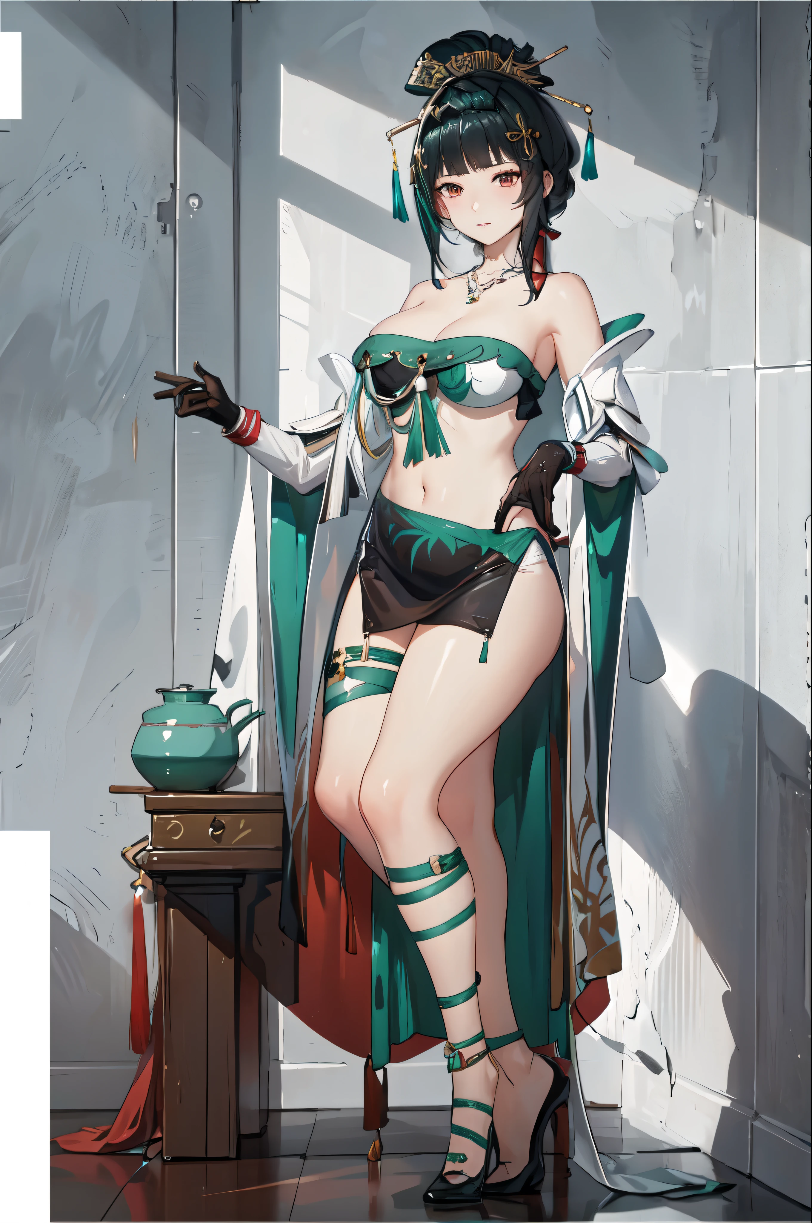 masterpiece, best quality BREAK solo, china dress, highres, 1girl, standing, (large breasts), mature female, hanying, Full body drawing, (masterpiece), (best quality), (hyperdetail), (illustration), ((extremely delicate and beautiful)), (detailed light), (prefect's body), full body drawing, Hanying, HanYing, sexy, sexy belly, sexy belly line, sexy belly button