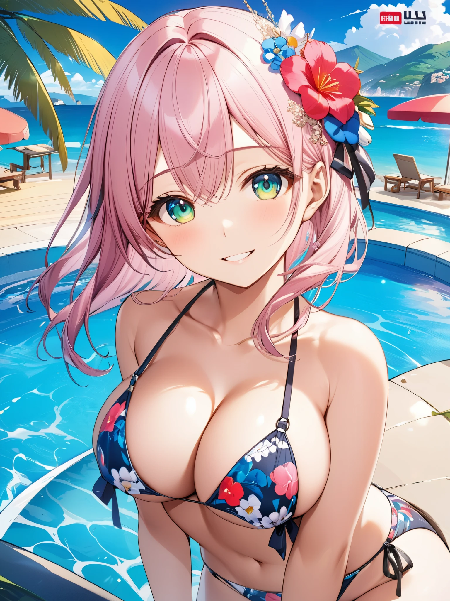 masterpiece,best-quality,high-quality,official-art,(beautiful-and-aesthetic),ultra-detailed,hires,extremely-detailed,an extremely delicate and beautiful,ultra high res,very-cute-and-beautiful-anime-1girl,grin, extremely-detailed-face-and-eyes,20-years-old,1girl,big breast, Flower Pattern Bikinis,outdoor,
