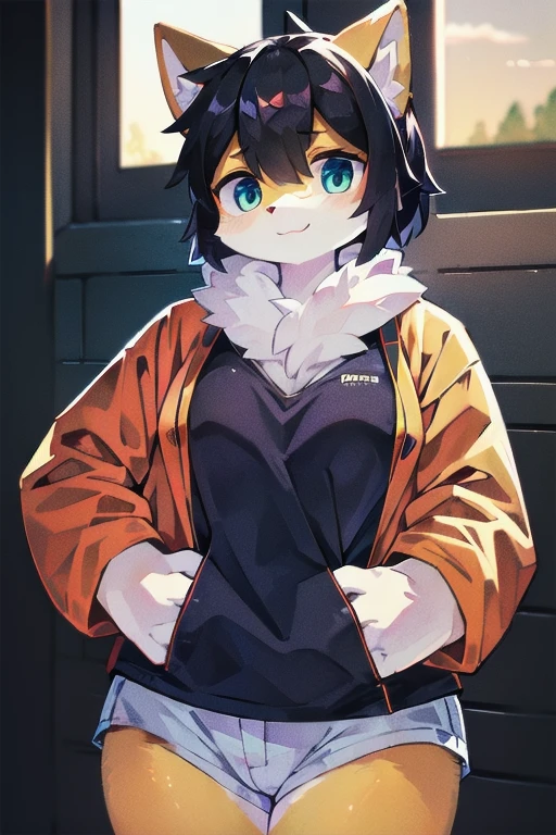 Fluffy, Lovely, woman, Blue fur, Small amount of orange fur, Light blue pupils, Pure white ears，Ear tip orange，Sky blue tail, Tail tip orange, Good shape