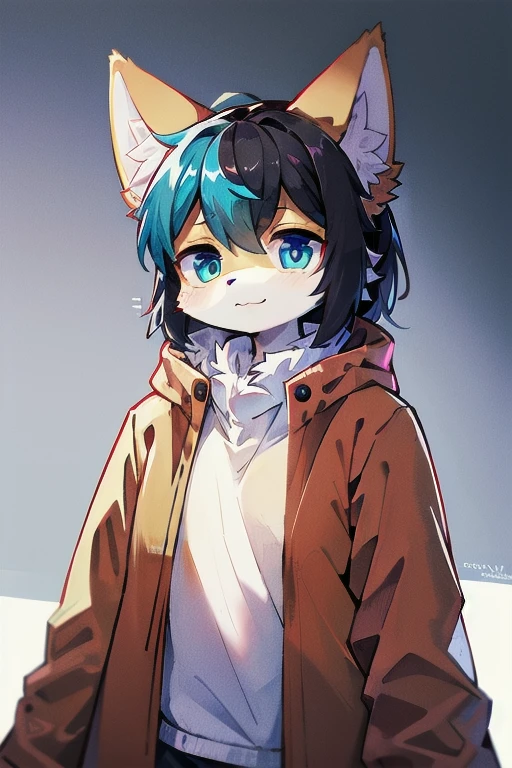 Fluffy, Lovely, woman, Blue fur, Small amount of orange fur, Light blue pupils, Pure white ears，Ear tip orange，Sky blue tail, Tail tip orange, Good shape