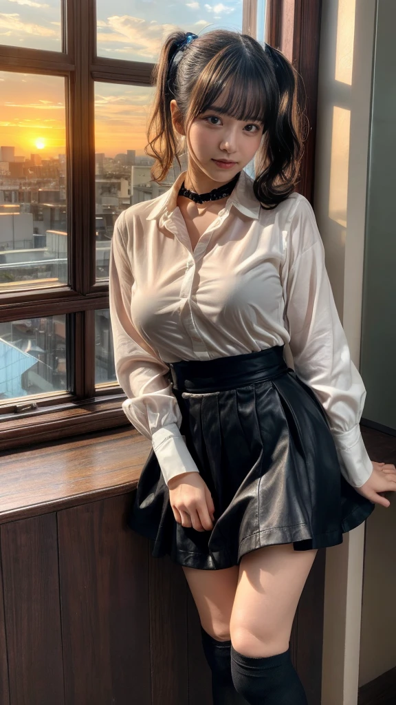 muste piece, best quality, illustration, Super detailed, fine details, High resolution, 8K,wall paper, perfect dynamic composition,(Details High quality, realistic depiction of eyes:1.3), short hair, (wavy hair:1.2), Smile, Silk Collar Shirt, Long flared skirt, pony tail hair, huge breasts,  black hair color, Big Natural Color Lip, bold sexy pose, crying a little、cold gaze, Harajuku style、20 year old girl、cute type、lolita、beautiful legs, hotel room, full body photo、focus on crotch, hposing Gravure Idol, Sexy shot looking at camera, Sunset, by the window, Summer, knee sox, make up, Curve