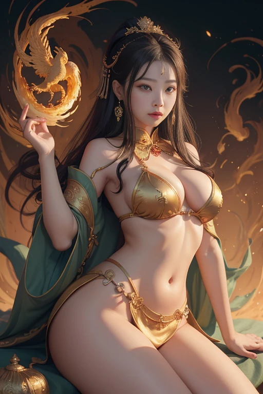 Chinese Goddess, (Sagging breasts、Cleavage, cleveage、Thick thighs, Perfect body, )Nanhai Guanyin, Guan yin, inspired by china, Avalokitesvara Bodhisattva riding a phoenix,,Calm expression,shui mo hua,Buddha,Buddha教徒,lotus,Chinese painting style,Thangka style