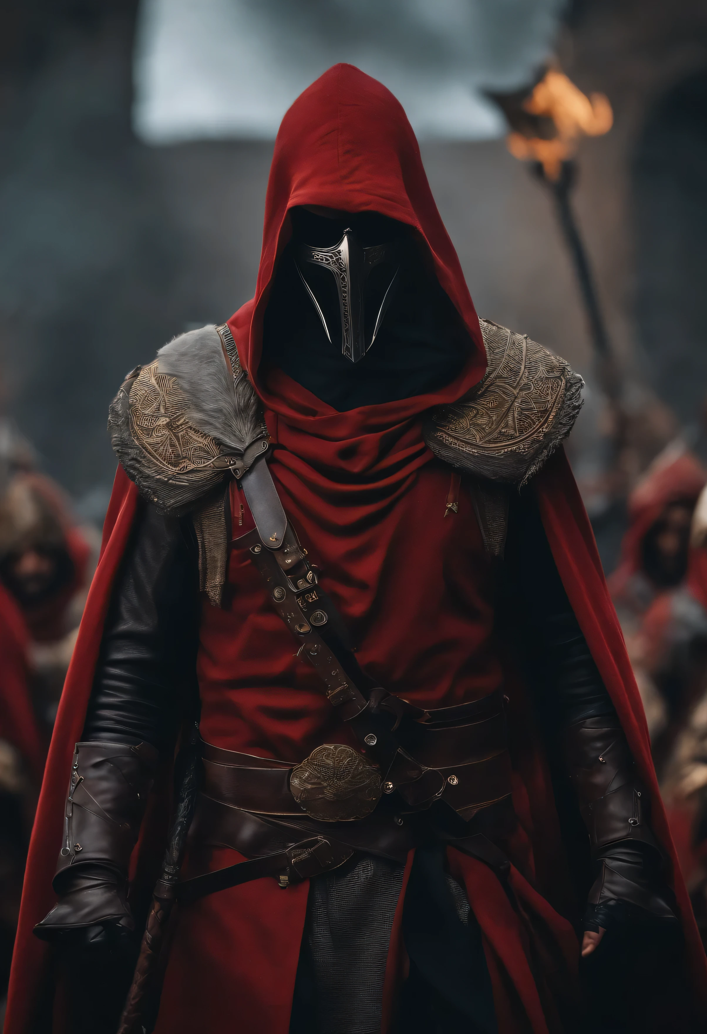 Realistic, 4k, Anjos com asas grandes, roupas pretas, uma espada, Head hood on war background image (caos)