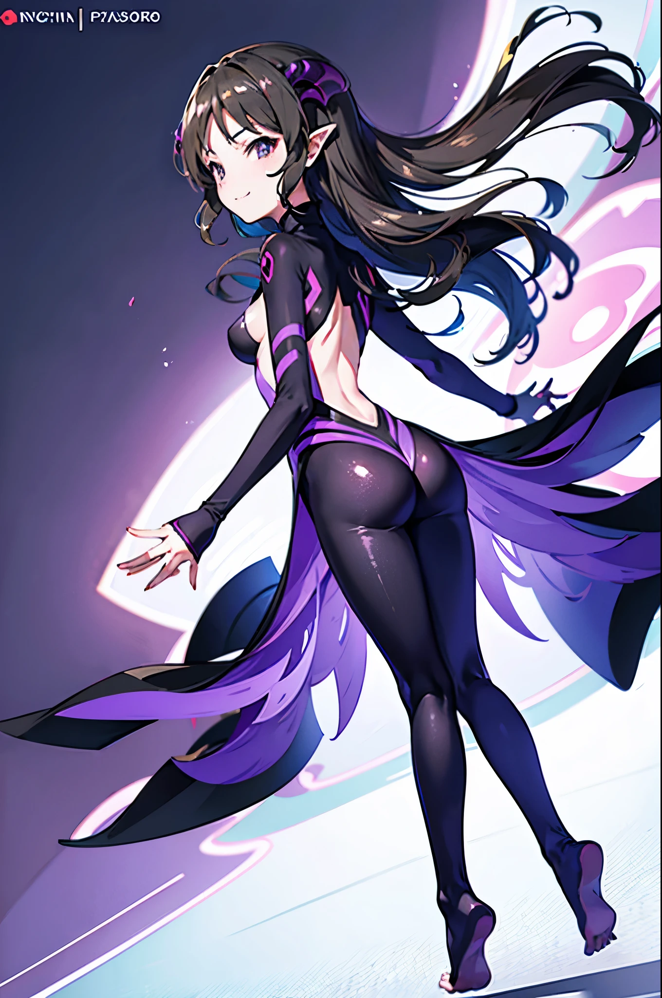 highest quality Highest quality Draw a face carefully High-definition anime-style face Super Glowing Skin Black full body suit Purple pantyhose barefoot Succubus lure smile Rear view Back view