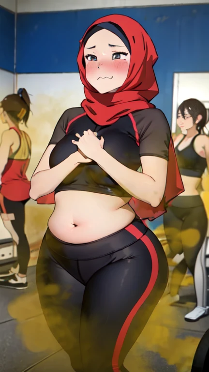 2 Asian girls, both farting side by side, desperate to poop, in gym, farting while working out, stomach growling, wearing yoga pants and exercise clothes, wearing hijab, malaysian girl, tomboy, stomach bloated, hands hugging stomach, pained expression, shocked and embarrassed, mouth open in shock, blushing, beautiful and cute face, anime art style, fit body, tall and thin, view from front