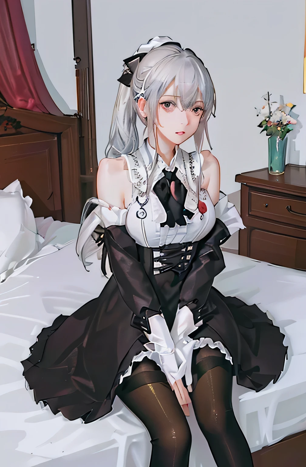 (((1 girl)),Ray Tracing,(Dim lighting),[Detailed Background (Bedroom)),((Silver Hair)),((Silver Hair)),(Fluffy Silver Hair, Plump and slender girl)) Raised ponytail)))) Avoid blonde eyes in the ominous Bedroom ((((Girls、She wears intricately embroidered black high-waisted pants and pantyhose.。) White frilly ribbon gloves), Showing off a delicate, slim figure and graceful curves, Correct limbs, Sitting on the bed、8K、Perfect female body、Red line clothes、8K、High quality、Naughty fashion、Big Breasts、Eros、Lingerie、Pink outfit、bikini、Expose