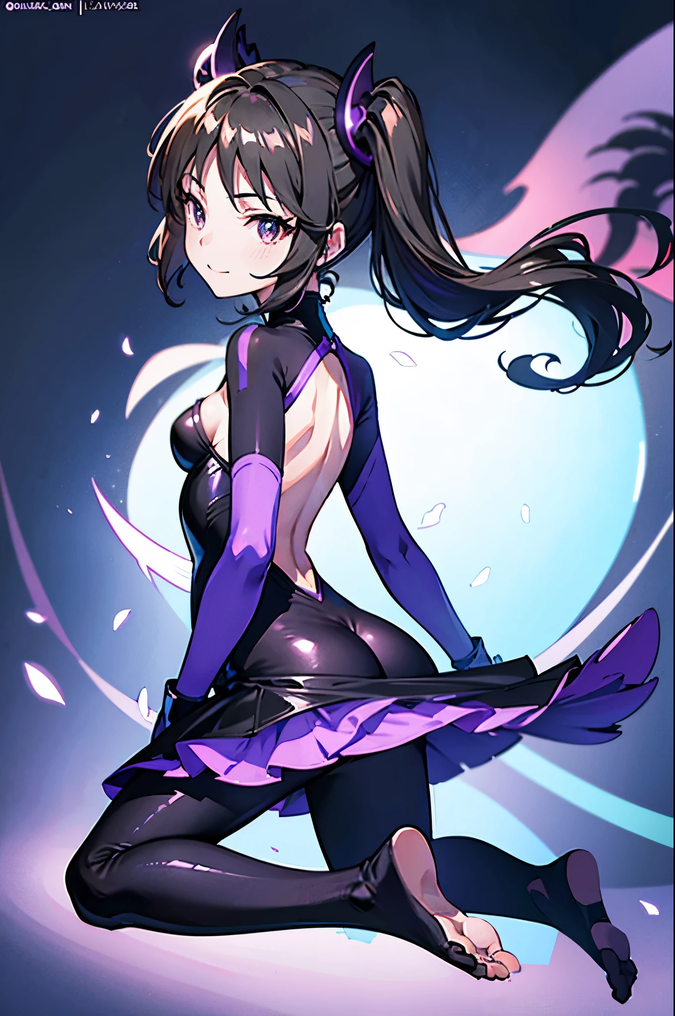 highest quality Highest quality Draw a face carefully High-definition anime-style face Super Glowing Skin Black full body suit Purple pantyhose barefoot Succubus lure smile Rear view Back view
