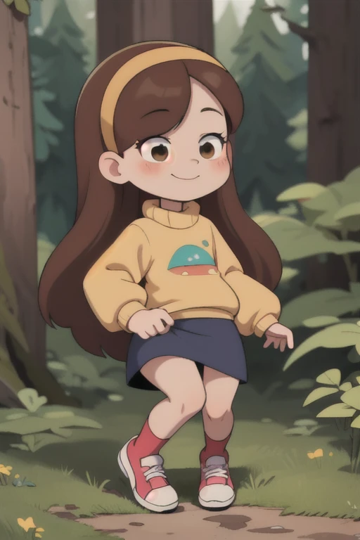 mabel-pines, 1girl, solo, long_hair, smile, brown_hair, hairband, sweater, blush, (((full body))), skirt, young, little body, (((sfw))), squatting, sadly, Forrest background 