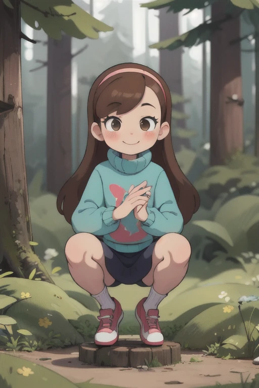 mabel-pines, 1girl, solo, long_hair, smile, brown_hair, hairband, sweater, blush, (((full body))), skirt, young, little body, (((sfw))), squatting, sadly, Forrest background