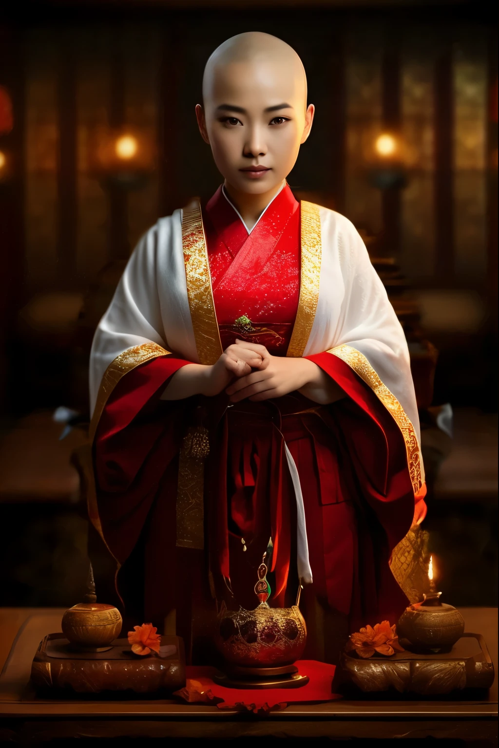 Smiling al-Fed monk in white robes standing at table eating, 映画のgoddessショット, Portrait of a priestess, Unreal Engine Rendering + goddess, matte painting portrait shot, Wearing a golden red robe, cgsociety uhd 4k highly detailed, Inspired by Lu Ji, 3d rendering character art 8k, 古代中国のgoddess, Portrait Photography