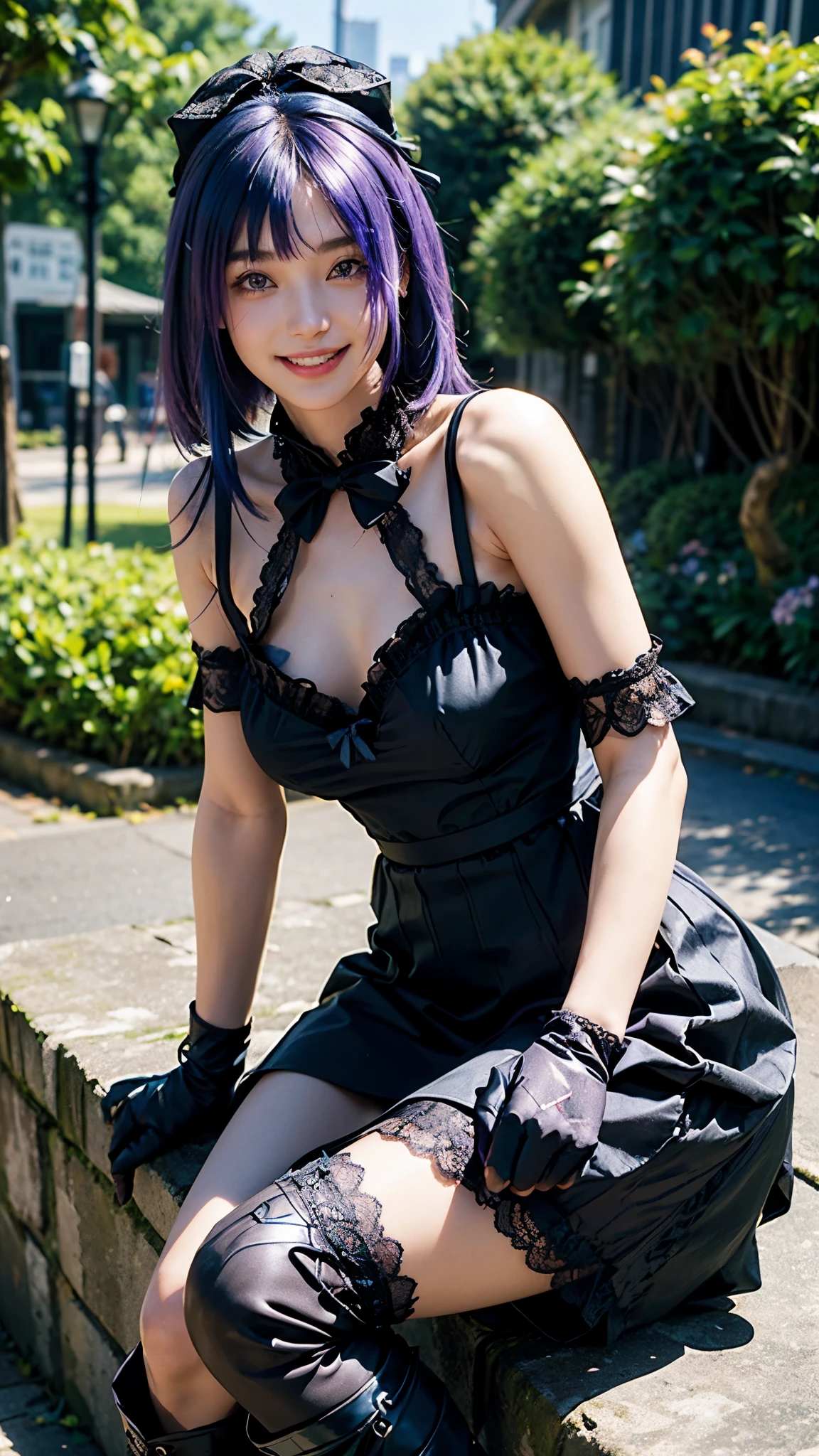 highest quality, masterpiece, Ultra-high resolution, (Realistic:1.2), (Portraiture) RAW Photos, 1 girl,22 years old((Detailed face)),(((座ったPortraiture))No bra,((Smiling with teeth showing)),((Big smile)),((Black boots and black lace gloves)),((Black frilly lace dress,Black long skirt above the knee)),((Blue-purple hair with a black ribbon))Straight Hair,((Cap Chestnut)),((Short bangs)),Realistic,Image Media Chest)),