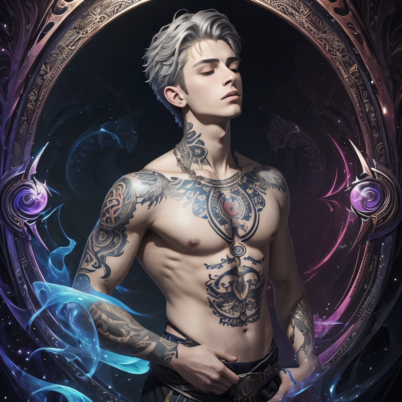 (masterpiece, top quality, best quality, official art, beautiful and aesthetic:1.2), (1boy),upper body, extreme detailed,(fractal art:1.3),colorful,highest detailed, handsome, teen, pale skin, closed eyes, side neck tribal tattoos, grey hair, tarot card background, head facing side