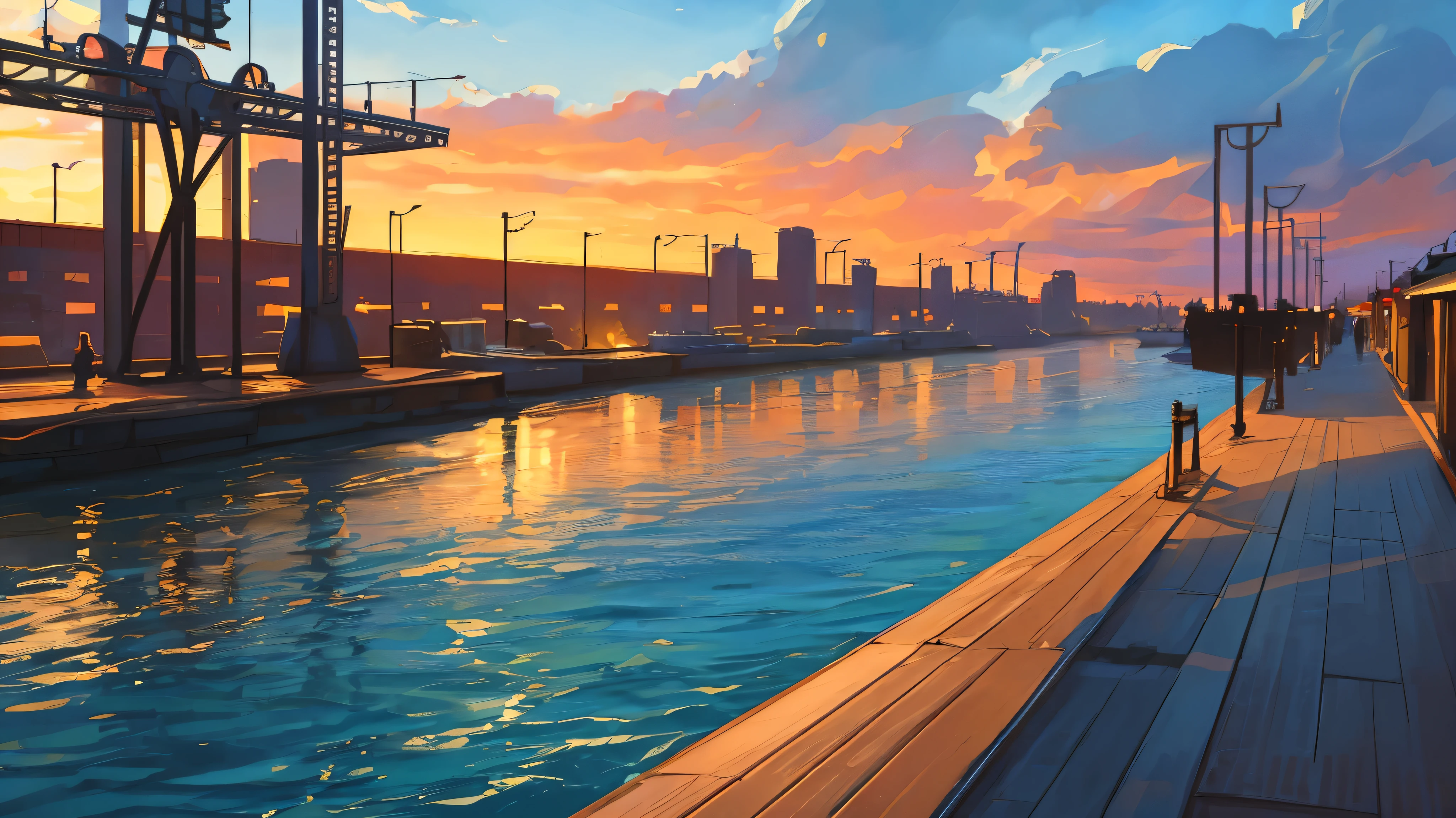 visual novel background, train station at a port city, ocean in background, fantasy train station, wooden benches around train station, extremely detailed, high quality