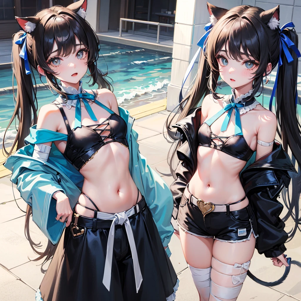 She has black hair with cat ears, and her hair is in half-pigtails that reach down to her waist.、The eyes are slightly slanted and the pupils are small and open.、Her chest is wrapped in a small white bandage-like cloth.、She is wearing a white and blue gradient off-shoulder top with a large ribbon tied around her chest.、Showing her belly button、He is wearing black shorts and a blue belt.、She is wearing a blue pareo with golden frills.、black long tail、Twin tails with a large blue ribbon、