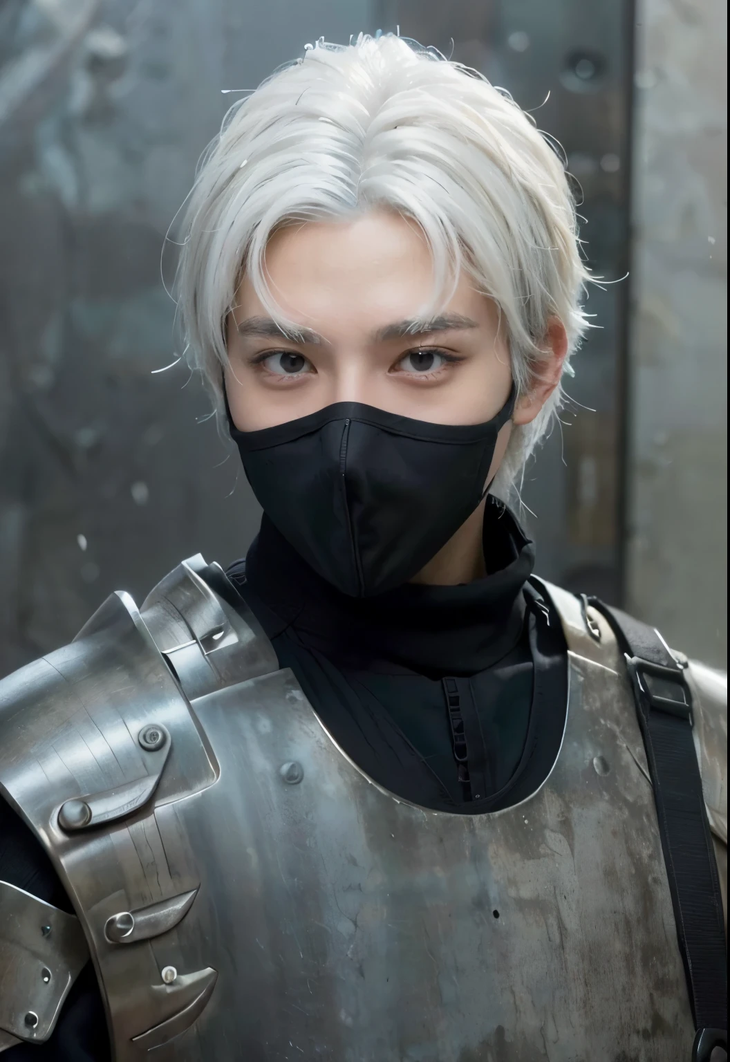 Real life adaption of this character, ((Korean teen handsome face)), Realistic eyes,((realistic very Messy white hair)),wear realistic black headband with iron plate , ((realistic same outfit with same iron armor)), hyper realistic, realism, realistic light, realistic shadow,(photorealistic:1.2),Cool expression