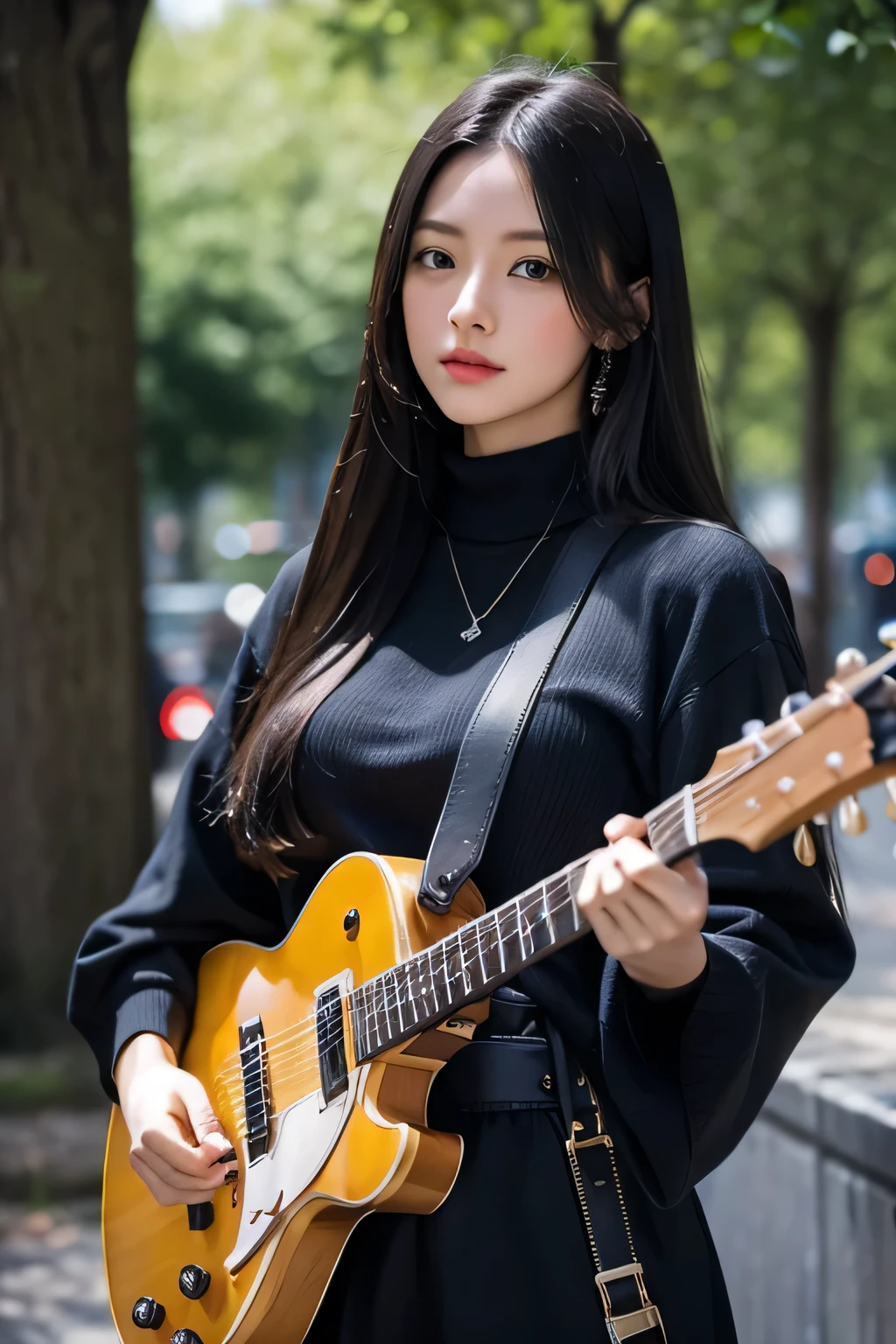 beautiful girl、I have an electric guitar、Wearing armor、Black long hair、European Castles、