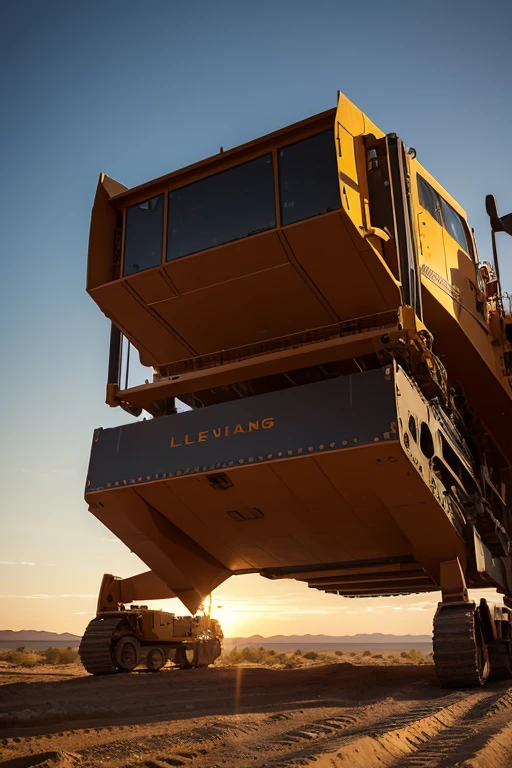 Large mining harvester machine, on plain desert, evening, futuristic setting