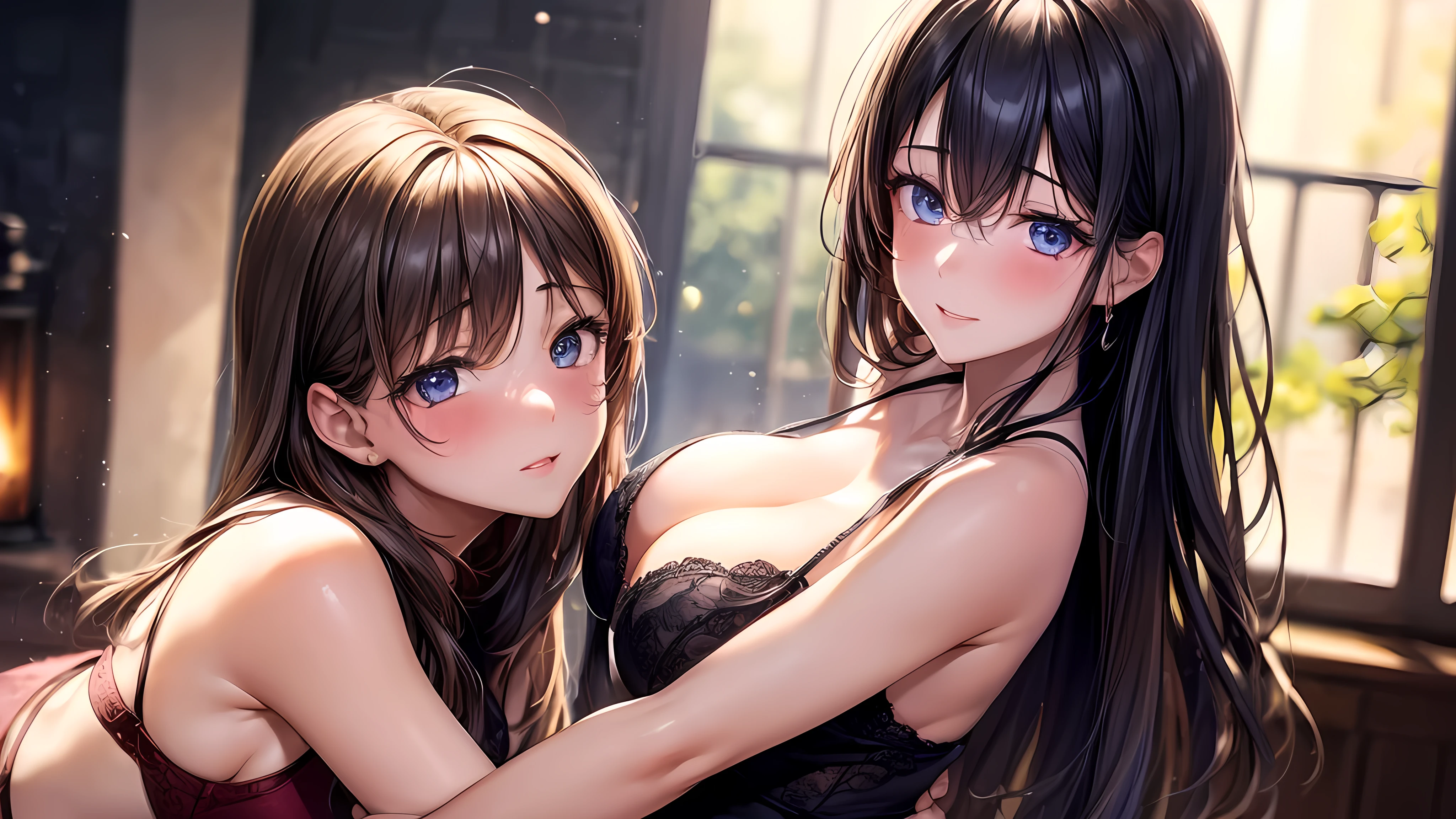 (a group of) 2girls, romantic, intimate, erotic, passionate, sensual, beautiful detailed lips, soft skin, long hair, shining eyes, blushing cheeks, gentle touch, close embrace, dimly lit, artistic expressions, evocative, (indoor setting), vivid colors, highres, photorealistic lighting, masterpiece:1.2, emotionally charged, (subtle background), tender moments