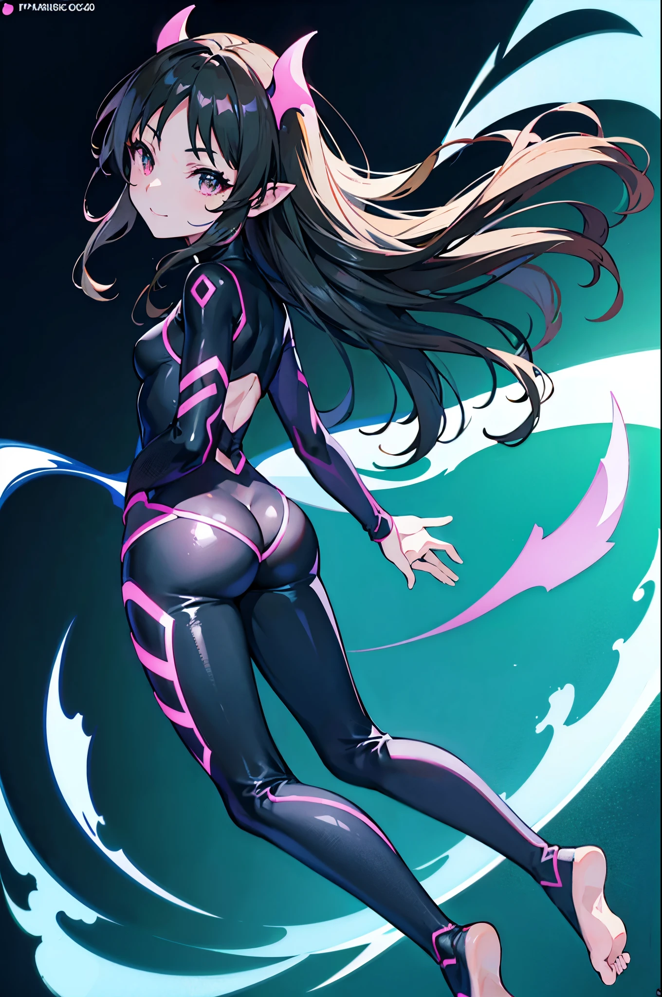 highest quality Highest quality Draw a face carefully High-definition anime-style face Super Glowing Skin Black full body suit barefoot Succubus lure smile Rear view Back view