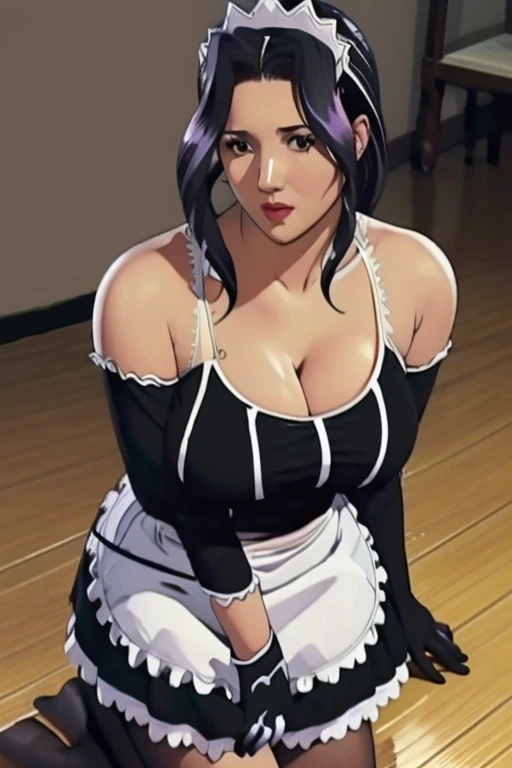 (masterpiece, best quality), 1 Girl,, Large Breasts, [Close-up cleavage]]]]Huge sagging breasts,cleveage, The chest is more exposed,   Maid headdress, maid outfit, Black gloves, stocking, High heel