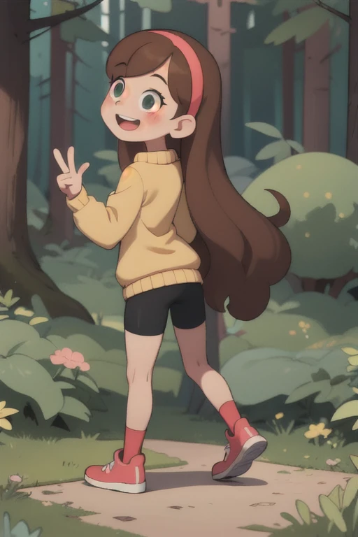 mabel-pines, 1girl, solo, long_hair, smile, brown_hair, hairband, sweater, blush, (((full body))), bike shorts, young, little body, (((sfw))), back view, happy, Forrest background, peace sign with fingers