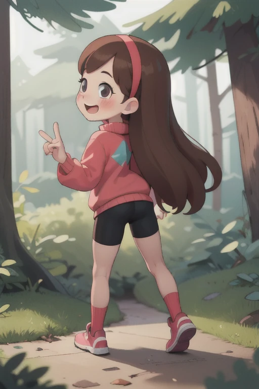 mabel-pines, 1girl, solo, long_hair, smile, brown_hair, hairband, sweater, blush, (((full body))), bike shorts, young, little body, (((sfw))), back view, happy, Forrest background, peace sign with fingers