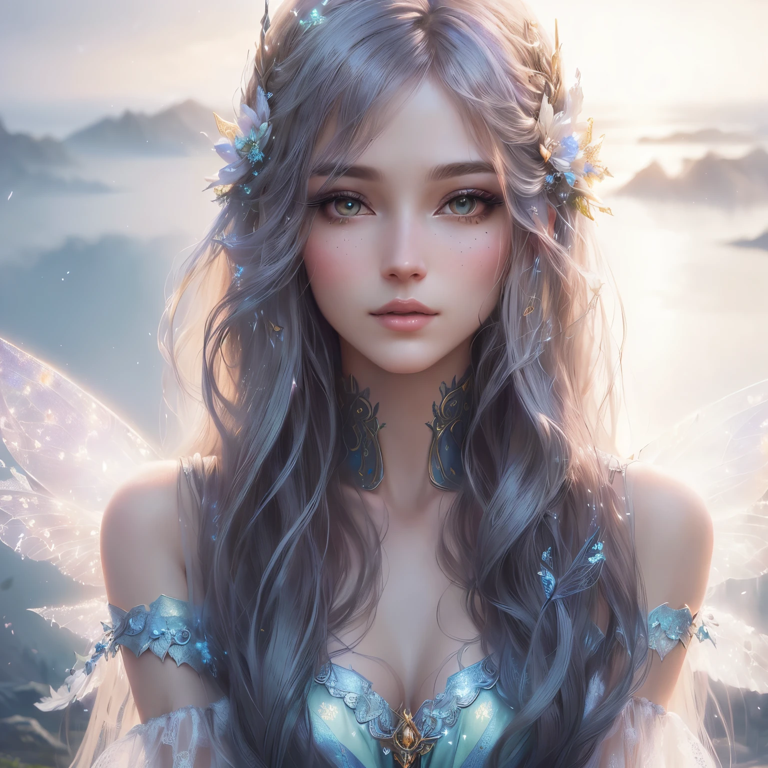 Close-up of a woman with long hair and a fairy costume, Fantasy art style, Beautiful fantasy art, Heavenly Beauty, Beautiful fantasy art portrait, 8k high quality detailed art, Beautiful digital art, Beautiful fairy, Digital fantasy art ), beautiful fantasy portrait, Fairy portrait, Surreal fantasy art, Gweiz-style artwork, very Beautiful fantasy art