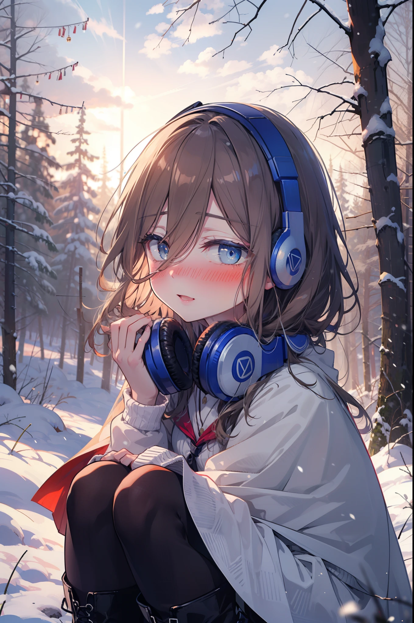 Miku Nakano, Miku Nakano, Long Hair, bangs, Brown Hair, shirt, Hair between the eyes, cardigan, Headphones around neck,smile,blush,White Breath,
Open your mouth,snow,A bonfire on the ground, Outdoor, boots, snowing, From the side, wood, suitcase, Cape, Blurred, Increase your meals, forest, White handbag, nature,  Squat, Mouth closed, フードed Cape, winter, Written boundary depth, Black shoes, red Cape break looking at viewer, Upper Body, whole body, break Outdoor, forest, nature, break (masterpiece:1.2), highest quality, High resolution, unity 8k wallpaper, (shape:0.8), (Beautiful and beautiful eyes:1.6), Highly detailed face, Perfect lighting, Highly detailed CG, (Perfect hands, Perfect Anatomy),