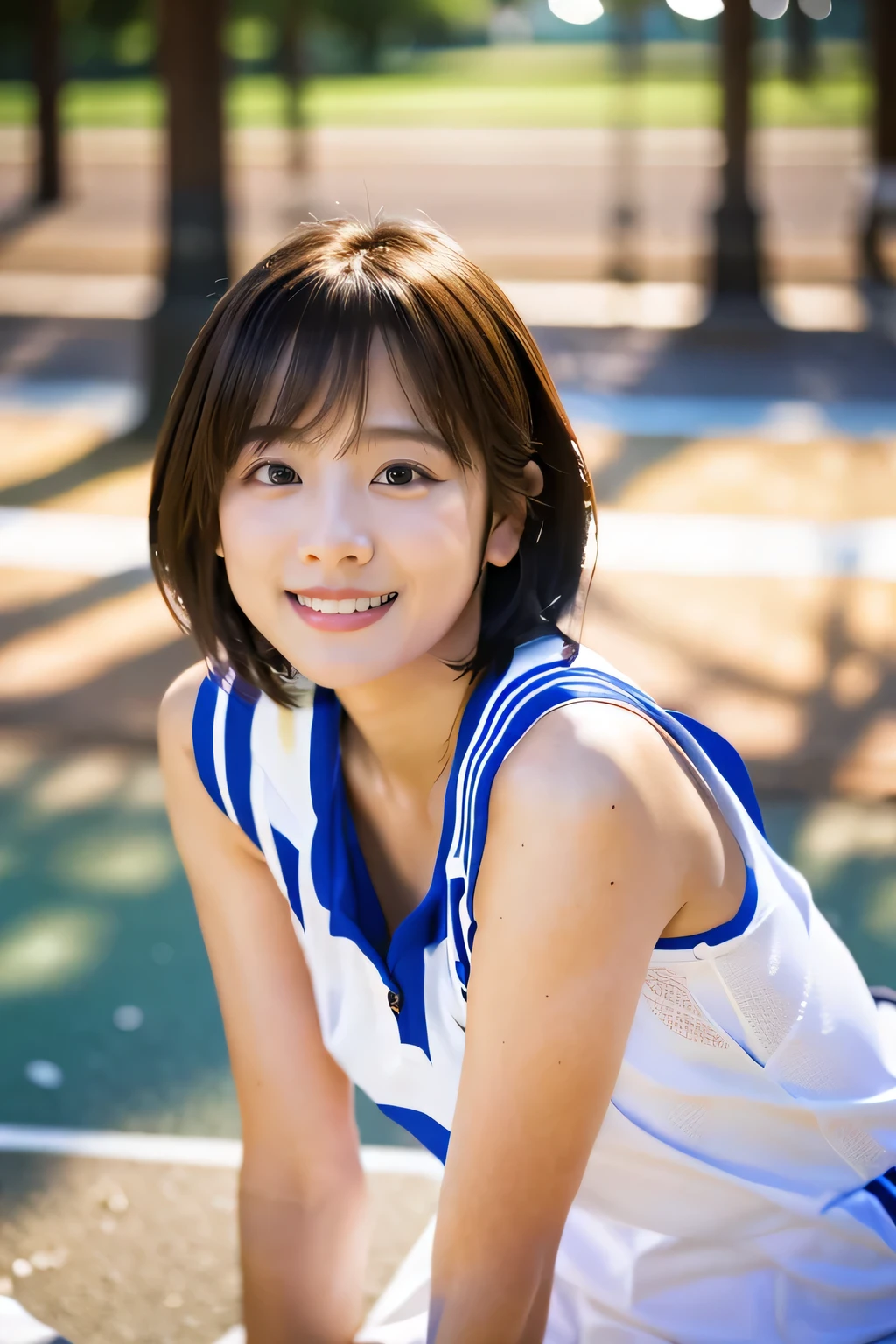 (Playing in the park:1.5)、(Photos showing the whole body:1.5)、highest quality, Photorealistic, Very detailed, finely, High resolution, 8K Wallpaper, Professional, High level of detail, ((10-year-old elementary school student:1.2)), Slender Japanese women,Pretty lips, (Beautiful long lashes:1.2)、Detailed clavicle,, (Cute short bob hair:1.5),Top Quality,Ultra-clear resolution,Clear Eyes,Sunburned skin,Perfect small breasts,have perfect legs,(An innocent smile:1.5)、Cinema Lighting , Basketball court, Depth of written boundary, concentrated, Light of the sun, Good composition, (Bokeh: 1.2), 1 girl, (whole body), (Mouth closed), Beautiful Eyes, Pause, narrow, Basketball Uniforms,(Ulzzang-6500:1.2) Mix 4, Hello