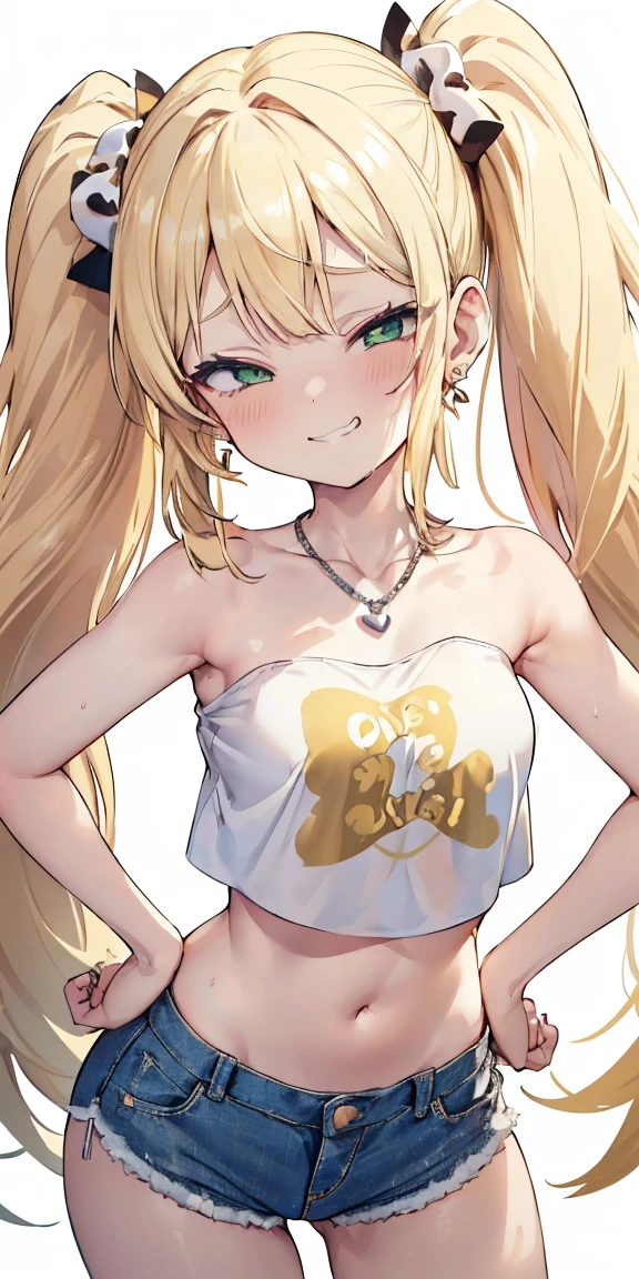 1 girl,heart-shaped pupils, hand on hips, blond hair, ((((blonde hair)))), (((golden blond hair))), ((green eyes)), green colored eyes, long hair, (((long twintails))), Upper body, trembling, Sweat, Sweatdrop, heart, (speed line:1.1), ((Flat milk)), ((heavy breathing:1.3)), like, heart, mesugaki look, Yandere, ((jagged teeth)), small , (((white crop top))), ((solid white crop top)), ((strapless)), midriff, ((short denim shorts)), cowboy shot, ((twin tails)), ((tsundere)), (((evil smile, mesugaki look, smile))), ((earrings)), ((silver necklace)), ((golden bows)), simple white background, (sleveless), adult