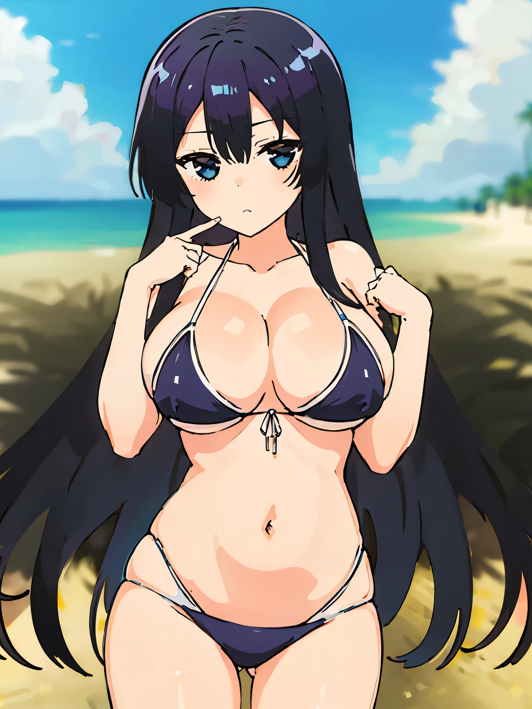 １girl、Black Hair、black eye、Expressionless、Long Hair、High resolution、Super huge breastasterpiece、High resolution、highest quality、Anime Moe Art Style、Cowboy Shot、Micro Bikini、Groin、stomach、Beach、Biting、Puffy nipples