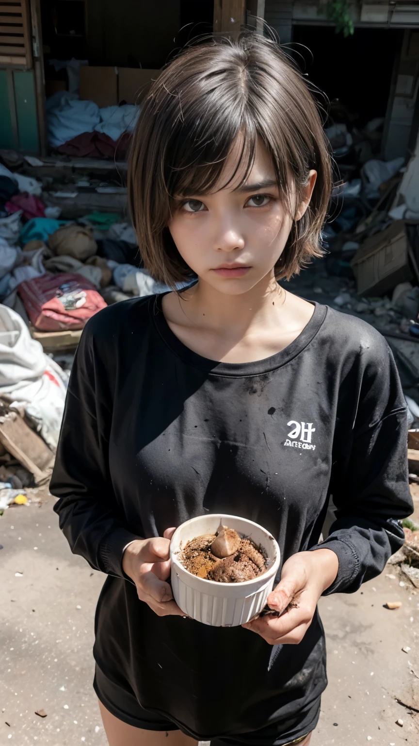 Eating emergency food,aespakarina,Bobcut,Beggar,beggar,(((Homeless))),in abandoned style room,Bad complexion,Dirty,Full of trash,Korean,25-year-old female,Pitch black,Tattered clothes,((( Oil,Mud stains,shit,dirty))),(((Frowning))),((((Rubble pile))),Very fine eye, (((Wearing tattered black clothing,He's wearing ripped black pants))),(((Tragic))),((photograph)),(((Fabric Shading))), (((highest quality))), (((masterpiece))) Bullish girl, ((((Realistic)))),Black Hair, chic hairstyle, ((With bangs,ストレートミディアムBobcut, nice hair)), Light makeup,Red eyes, (((I'm not wearing lipstick))), (nice), Centered Images, Looking at the camera, Elegant colors,Realistic Skin,Realistic texture,8k,whole body,Pale skin,Red iris,Perfect Face,(((Big eyes))),ruanyi0181