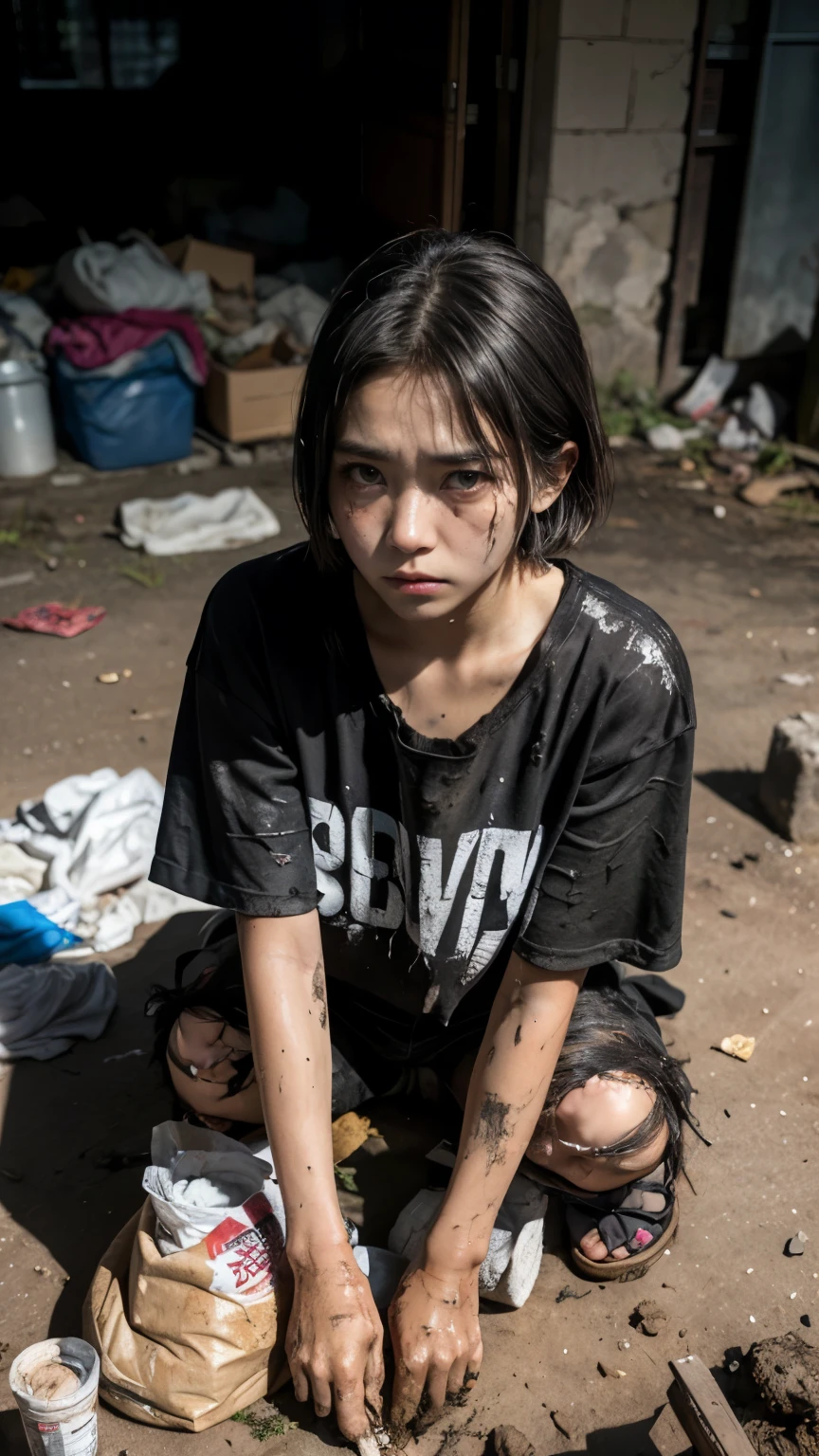 Eating emergency food,aespakarina,Bobcut,Beggar,beggar,(((Homeless))),in abandoned style room,Bad complexion,Dirty,Full of trash,Korean,25-year-old female,Pitch black,Tattered clothes,((( Oil,Mud stains,shit,dirty))),(((Frowning))),((((Rubble pile))),Very fine eye, (((Wearing tattered black clothing,He&#39;s wearing ripped black pants))),(((Tragic))),((photograph)),(((Fabric Shading))), (((highest quality))), (((masterpiece))) Bullish girl, ((((Realistic)))),Black Hair, chic hairstyle, ((With bangs,ストレートミディアムBobcut, nice hair)), Light makeup,Red eyes, (((I&#39;m not wearing lipstick))), (nice), Centered Images, Looking at the camera, Elegant colors,Realistic Skin,Realistic texture,８k,whole body,Pale skin,Red iris,Perfect Face,(((Big eyes))),ruanyi0181