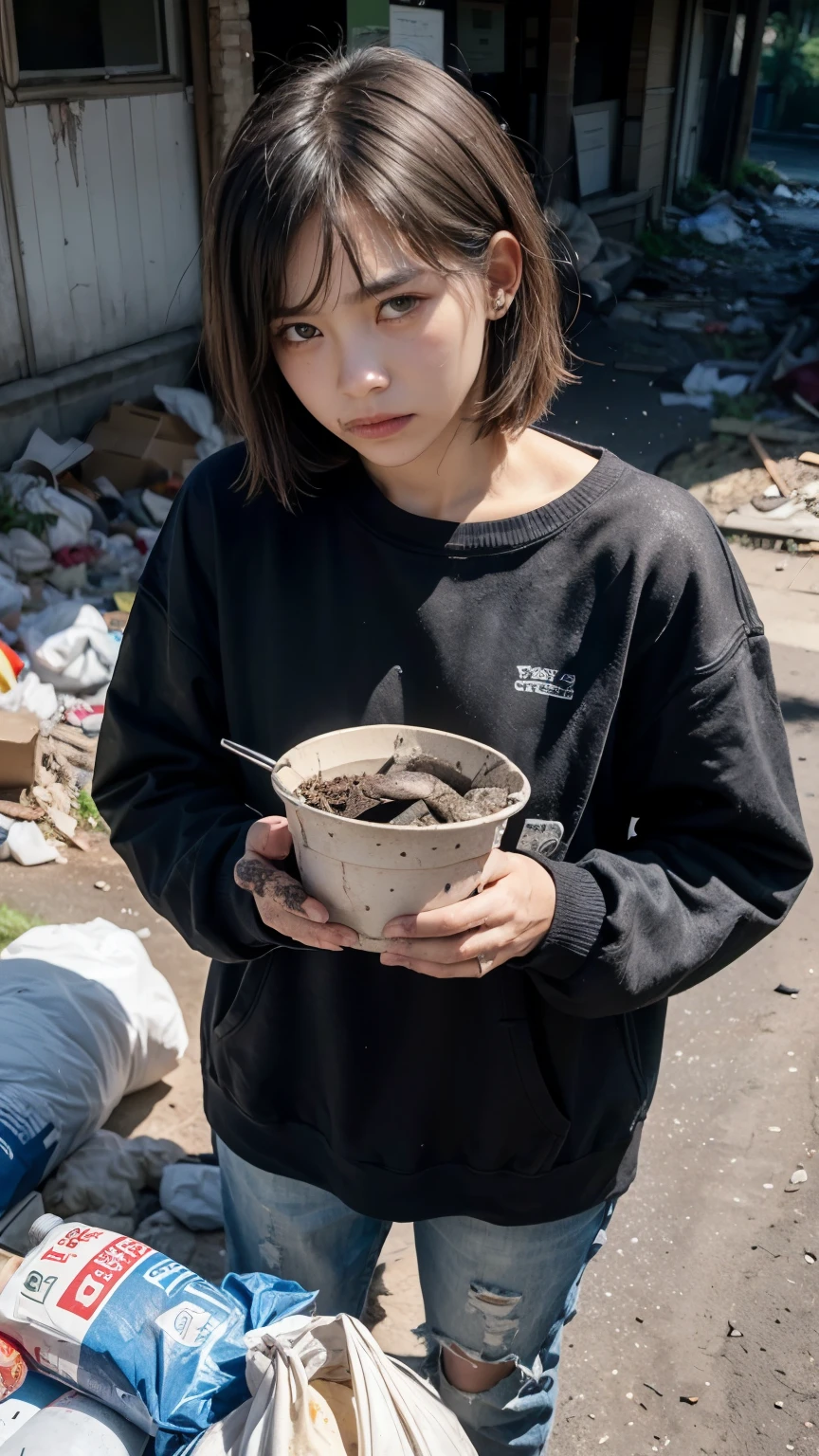 Eating emergency food,aespakarina,Bobcut,Beggar,beggar,(((Homeless))),in abandoned style room,Bad complexion,Dirty,Full of trash,Korean,25-year-old female,Pitch black,Tattered clothes,((( Oil,Mud stains,shit,dirty))),(((Frowning))),((((Rubble pile))),Very fine eye, (((Wearing tattered black clothing,He&#39;s wearing ripped black pants))),(((Tragic))),((photograph)),(((Fabric Shading))), (((highest quality))), (((masterpiece))) Bullish girl, ((((Realistic)))),Black Hair, chic hairstyle, ((With bangs,ストレートミディアムBobcut, nice hair)), Light makeup,Red eyes, (((I&#39;m not wearing lipstick))), (nice), Centered Images, Looking at the camera, Elegant colors,Realistic Skin,Realistic texture,８k,whole body,Pale skin,Red iris,Perfect Face,(((Big eyes))),ruanyi0181