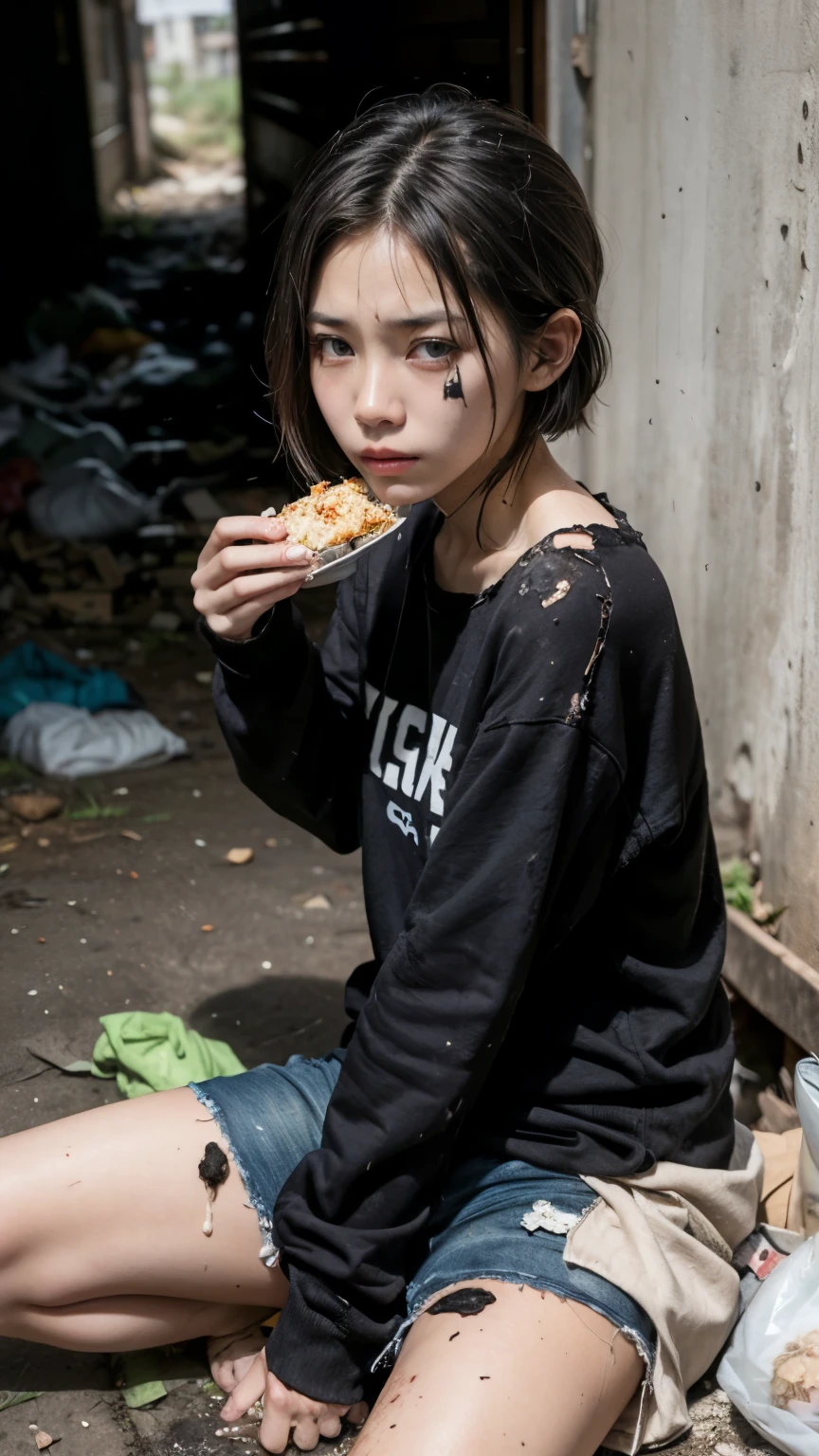 Eating emergency food,aespakarina,Bobcut,Beggar,beggar,(((Homeless))),in abandoned style room,Bad complexion,Dirty,Full of trash,Korean,25-year-old female,Pitch black,Tattered clothes,((( Oil,Mud stains,shit,dirty))),(((Frowning))),((((Rubble pile))),Very fine eye, (((Wearing tattered black clothing,He&#39;s wearing ripped black pants))),(((Tragic))),((photograph)),(((Fabric Shading))), (((highest quality))), (((masterpiece))) Bullish girl, ((((Realistic)))),Black Hair, chic hairstyle, ((With bangs,ストレートミディアムBobcut, nice hair)), Light makeup,Red eyes, (((I&#39;m not wearing lipstick))), (nice), Centered Images, Looking at the camera, Elegant colors,Realistic Skin,Realistic texture,８k,whole body,Pale skin,Red iris,Perfect Face,(((Big eyes))),ruanyi0181