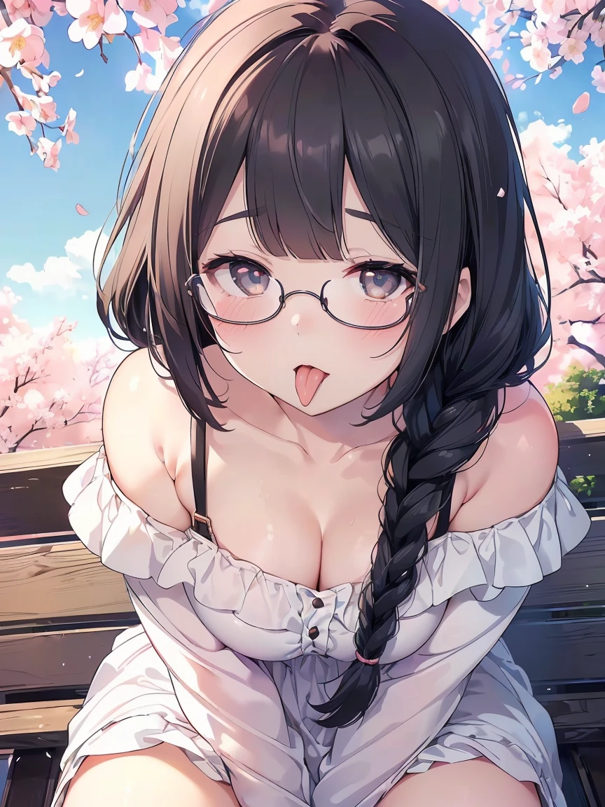 Very detailed, highest quality, High resolution, Moe Anime, ((Cute girl with black hair and droopy eyes)), ((Wearing large round glasses:1.4)), (Baby Face), Cute eyes, Detailed eye depiction, Sparkle in the eyes, View your viewers, Pale skin, (Big eyes:1.4, Droopy eyes:1.4, Fatty face:1.4), smile, Focus on the face, In the park with cherry blossoms falling, Sitting, (Face close-up:1.4), (((From above))), Open your mouth, (((Face only:1.3))), ((White off-the-shoulder dress)), Bright Eyes, Light from the front, (Put your hands between your legs:1.4), ((large and long tongue)), (Extreme close up of tongue:1.2), , Braided hairstyle