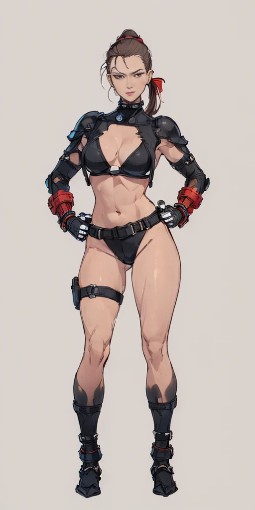 ((Plain background 1:2)) (Cammy White Street Fighter 6) Female full body standing straight symmetrical looking to the viewer RED full body armored (handcuffs, shackles, rerebrace, faulds, poleyn, gauntlets, leather collar choker) big belt under belly button, navel, belt over belly button ((hands on hips)) gantz suit armor torn apart