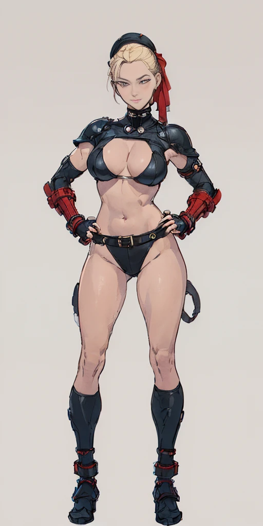((Plain background 1:2)) (Cammy White Street Fighter 6) Female full body standing straight symmetrical looking to the viewer RED full body armored (handcuffs, shackles, rerebrace, faulds, poleyn, gauntlets, leather collar choker) big belt under belly button, navel, belt over belly button ((hands on hips)) gantz suit armor torn apart