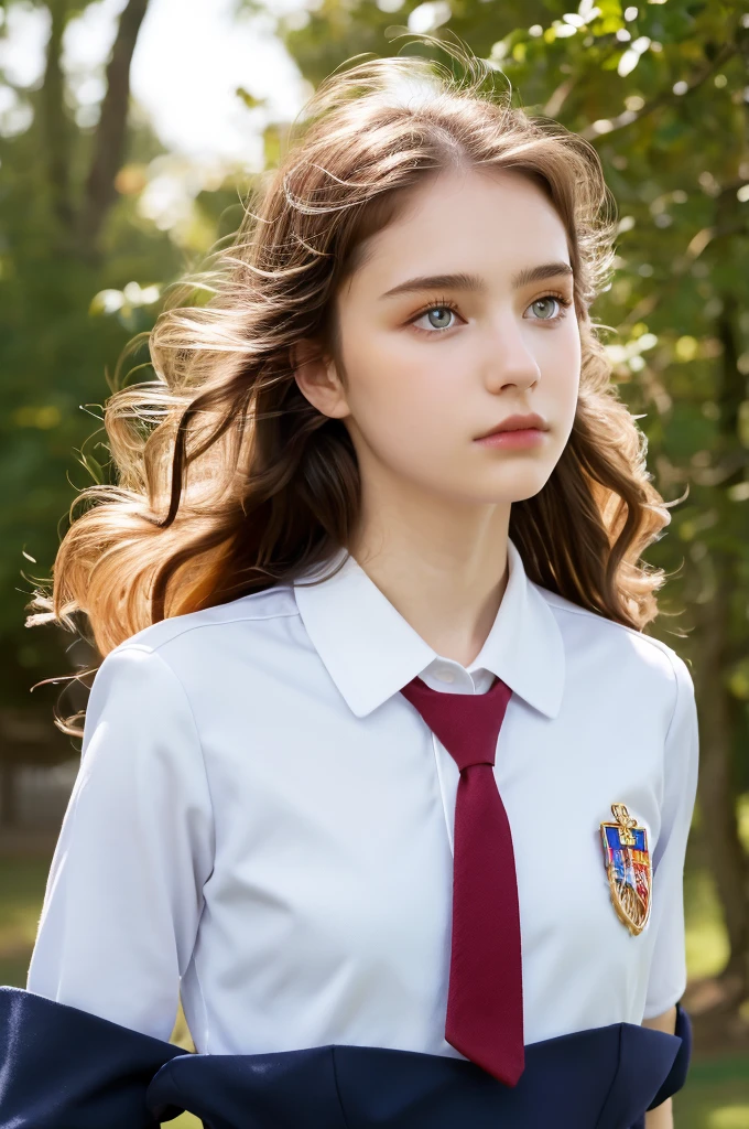 ( masterpiece, top quality, best quality,8k, girl,ultra detailed,raw photo:1.5),(photorealistic:1.4),(cinematic lighting), PerfectNwsjMajic, , Surrealism, UHD, ccurate, Super detail, textured skin, High detail, Best quality, dynamic angle, (high nose,White skin),[Beautiful blue eyes],[flat chest:large breasts:0.5],(1girl),(good anatomy:0.5)), school uniforms , royal school ,upper body