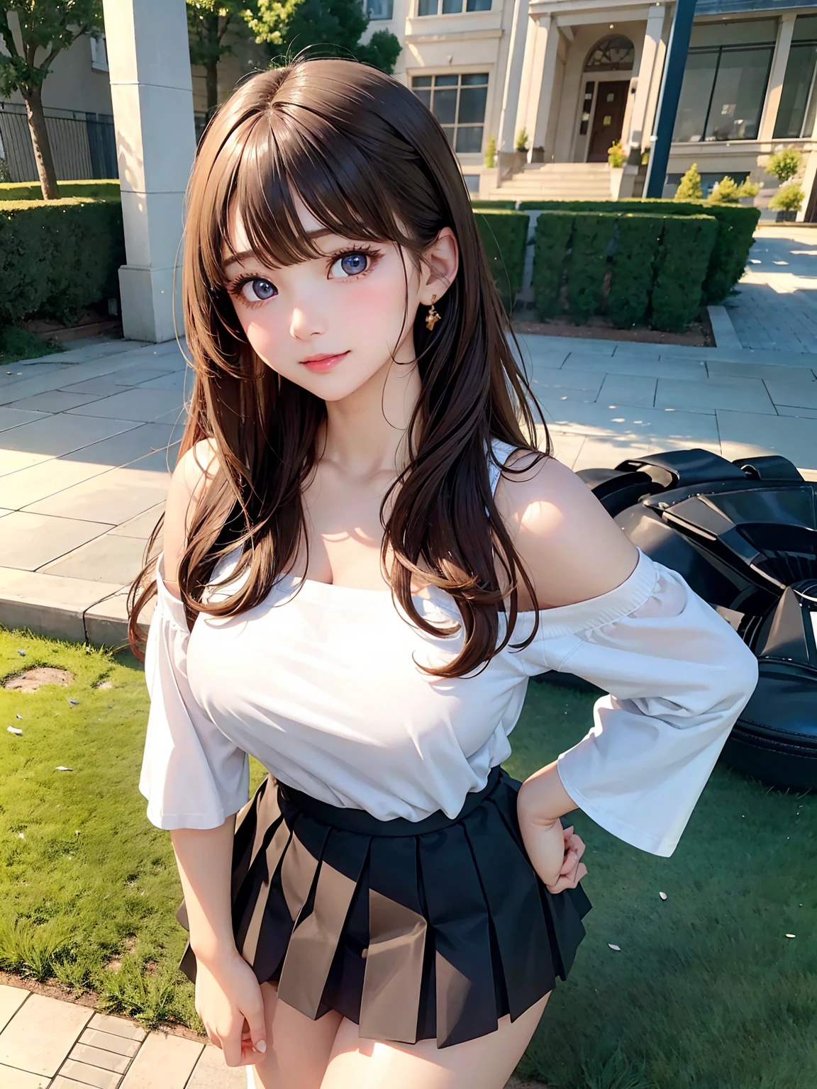 photorealism, highest quality, 4k, 8k, ultra high resolution, photograph, exquisitely beautiful photograph, extraordinary beauty, cheek gloss highlight, perfect body, Biologically accurate, cute and beautiful face details, (face to face with the children_V1: 0.008), beautiful bangs, shining white skin, between the eyes, beautiful glossy hair, smooth hair, thin hair, high resolution eyes, beautiful, bright and transparent, Big eyes that shine charmingly, eyeliner, double eyelid, beautiful legs, face focus:1.3, ,(From the side:1.2), decent woman, 25 years ago, 1 person, (enchanting smile:1.2), ((innocent and cute girl:1.3)), (Shiny long straight hair), (light brown hair:1.2), (oversized off shoulder cardigan), Wellington Glasses, Cute pleated skirt, (big breasts:1.3), ((looking at the viewer:1.2)), ((Parks with lawns:1.2)), ((The wind blows up my skirt:1.3)), embarrassed look,