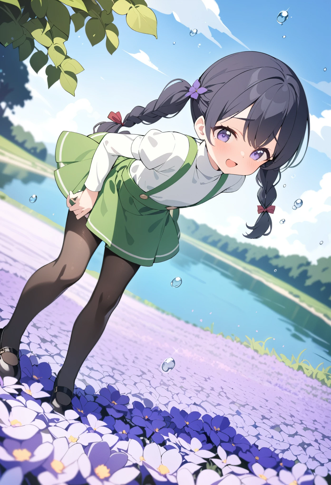 best quality, masterpiece, ultra resolution, super details, anatomically correct, 1 girl, full body, junior child, (black hair:1.2), high quality eyes, high quality hands, (braided high pigtails:1.4), (red ribbons:1.3), (white turtleneck:1.5), short sleeve, (bubble sleeves:1.2), (green skirt:1.5), (green suspenders:1.5), (black woolen pantyhose:1.5), mary janes, (delighted expression:1.3), (arching backwards:1.2), (purple flower field beside a lake:1.3), flying flower flakes, high quality background, depth of field, dutch angle