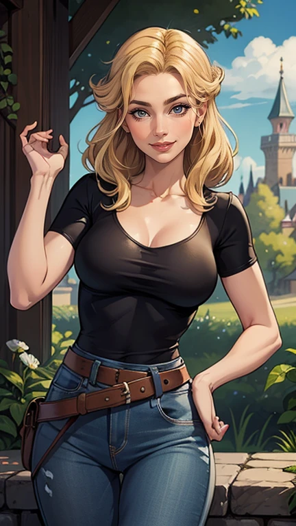 mulher de 35 anos, very long blonde hair down to the waist and half curly with bangs, seios pequenos, olhos grandes com um brilho apaixonado, olhos verdes mel, Um lindo sorriso, vestindo uma camiseta preta longa com um terno feminino verde e jeans, in a serious and sweet comic-style pose, alta qualidadePersonagem mulher estilo atompunk Fiona rainha Anna de Arendelle com marcas de guerras Imagem de desenho animado de uma mulher .Ilustra??o estilo desenho animado, estilo de arte dos desenhos animados, estilo de arte dos desenhos animados, digital illustration style, estilo atompunk design de personagens altamente detalhado, arte digital detalhada coragem, Forest fan art, Design de personagens de retrato, beautiful digital illustration, retrato de alta qualidade, Arte em quadrinhos, mulher jovem cabelo com transas lindas . Queen Anna of ArendelleBeautiful lined eyes Medium large bust and wonderful sexy clothes. image expression of sexual desire from waist to head illustration Queen Anne of Arendelle atompunk style Fallout 4 style pose playboy magazine sensual witch Character cartoon style facial expression happy beautiful smile and six medium small portrait mode waist up with lots of gold around her other stones portrait precious mode waist up queen of the south Jennifer Connelly GTA scenery dominatrix gold coins chest with jewelry with her boyfriend, um homem com barba preta, armado com um estilo militar,