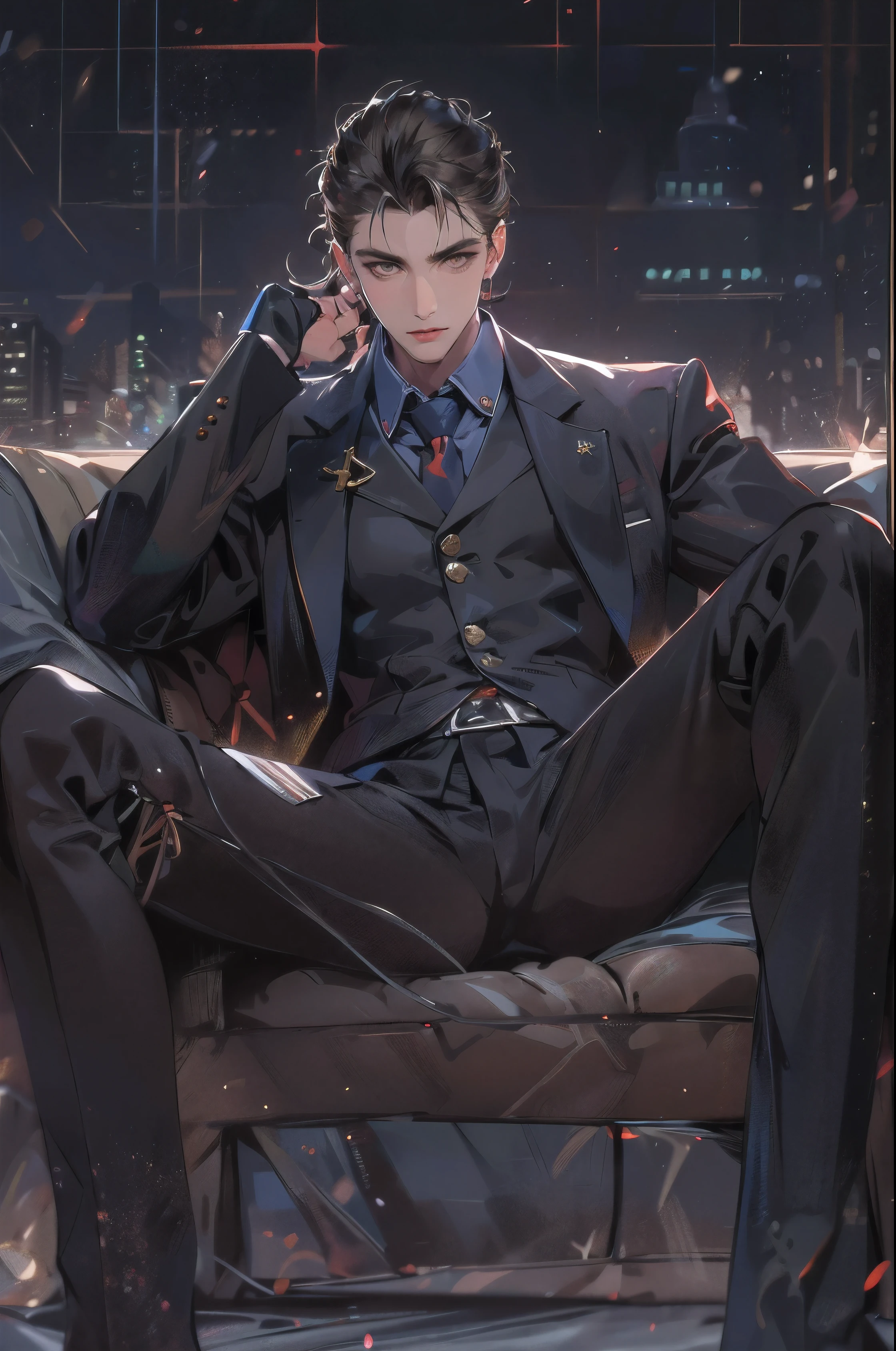 (absurdres, highres, ultra detailed, realistic, ), 1 male, solo, adult, mature, tall muscular guy, ,(sitting on a sofa,cross-legged), broad shoulders, handsome, very short hair, black hair, brown eyes, angular jaw, thick neck, thick eyebrows, night, dark, the night view of the city background, formal suit, necktie, upper body