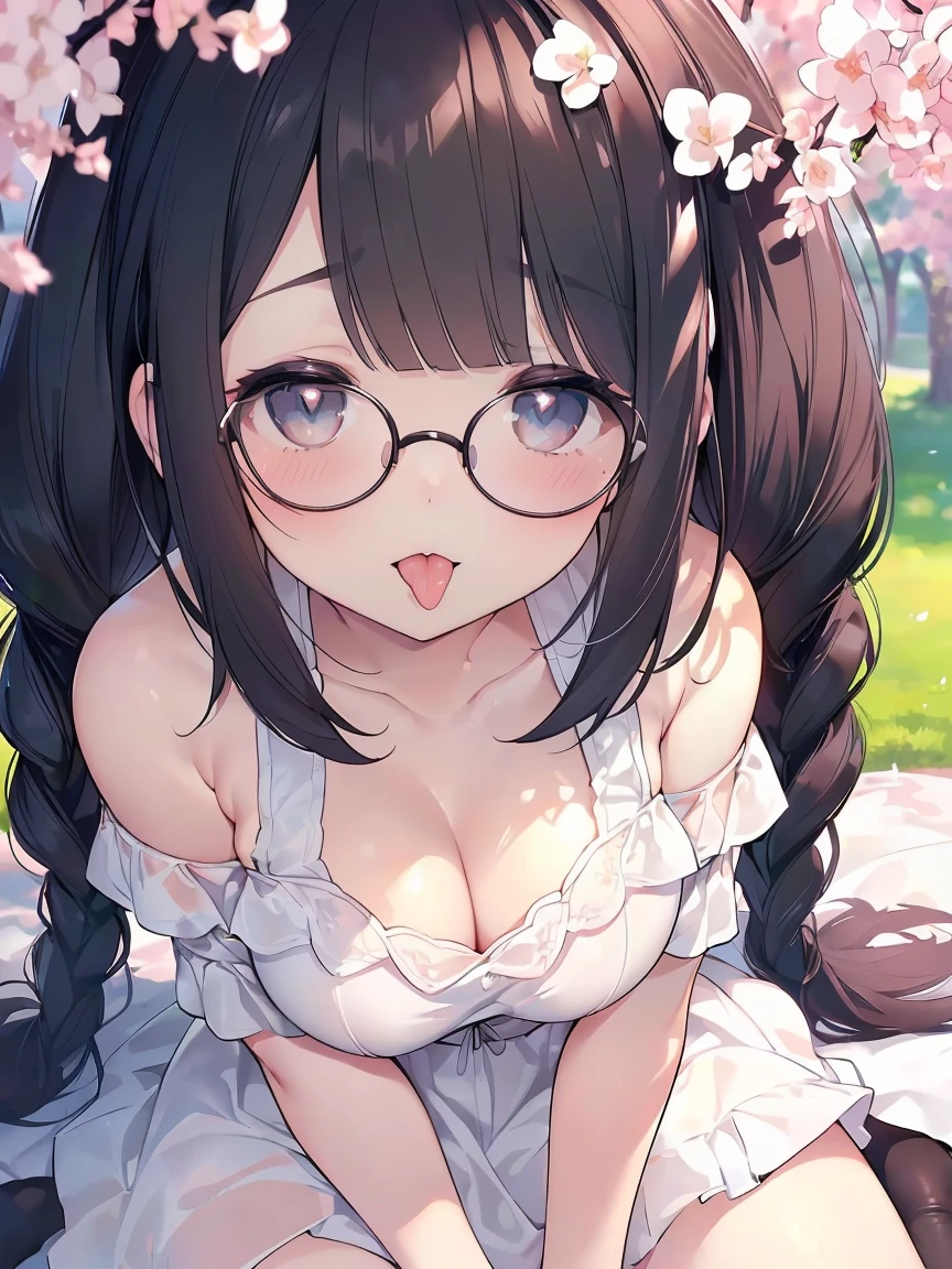 Very detailed, highest quality, High resolution, Moe Anime, ((Cute girl with black hair and droopy eyes)), ((Wearing large round glasses:1.4)), (), Cute eyes, Detailed eye depiction, Sparkle in the eyes, View your viewers, Pale skin, (Big eyes:1.4, Droopy eyes:1.4, Fatty face:1.4), smile, Focus on the face, In the park with cherry blossoms falling, Sitting, (Face close-up:1.4), (((From above))), Open your mouth, (((Face only:1.3))), ((White off-the-shoulder dress)), Bright Eyes, Light from the front, (Put your hands between your legs:1.4), ((large and long tongue)), (Extreme close up of tongue:1.2), Cleavage, Braided hairstyle