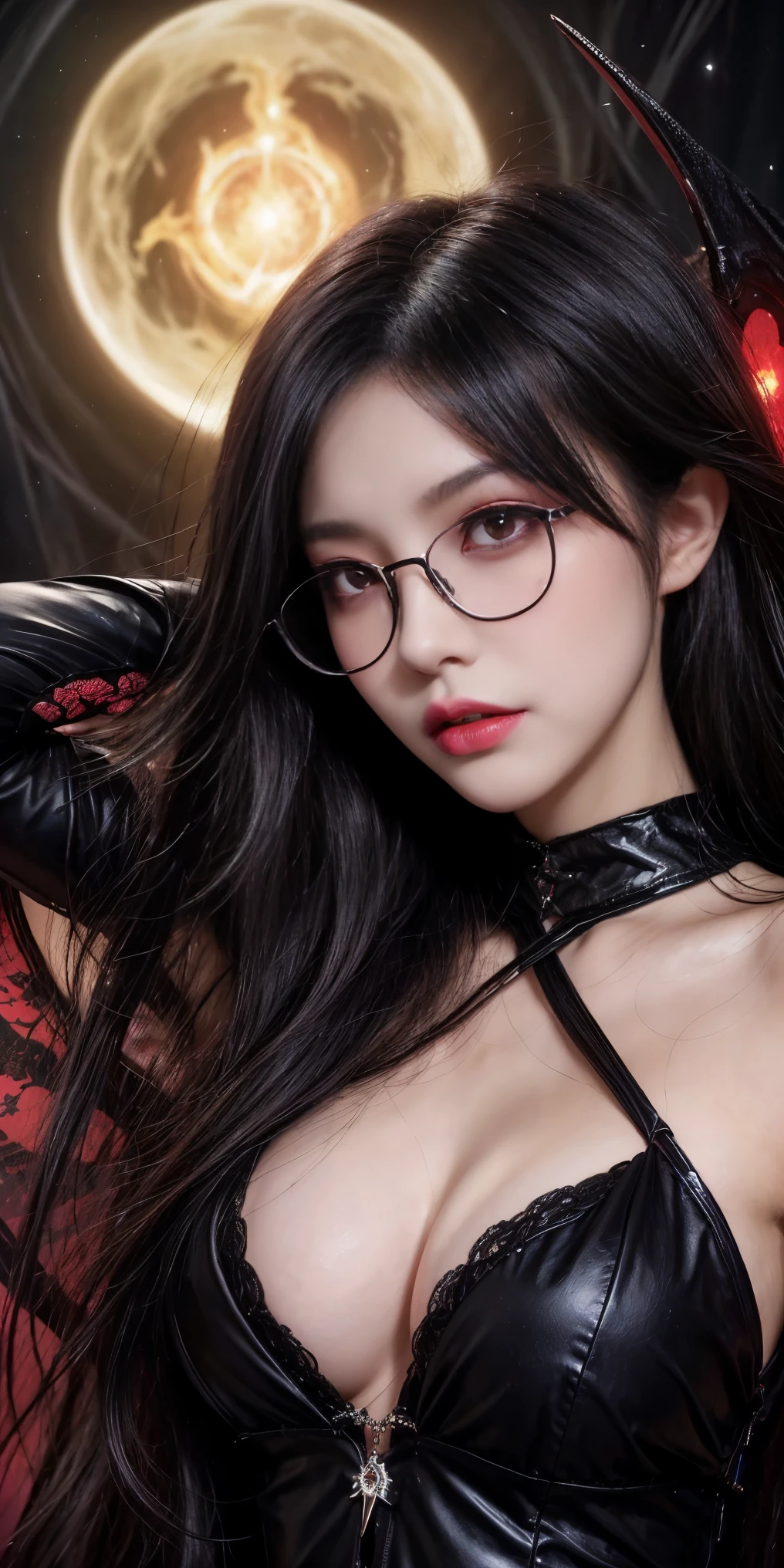 (highest quality,High resolution:1.2),(dark,Threatening:1.1),(Bad luckな:1.1), In the vortex of space,
Heart of a Goth Maiden, Very dark shade.
Her Eyes, Like dazzling fur in a starless haze,
A symphony of despair in their eyes.
Her Mogul Snaps, Mysterious Cemetery,
Think about it, The source of her sadness.
With her black hair swaying in the moonlight,
She weaves despair into her dreams.
oh, Her Soul, Shadow'Embrace,
Take me to space.
At each step of the Kelhudelgoring, She summons darkness,
Dance of the Void, Whippler Big Spark.
Her touch is an icy caress of the void,
In her vague existence, I am left confused.
For Love, Bumblewisk, Cosmic Power,
Stars shining in the endless night.
Confusion swirls, Let the emptiness cry out,
Our love is a dazzling dream in the universe.
Gothic Witch of the entire star world,
In your void, I find my soul.
Hypermaximalist, Anime Style, Breathtaking oil paintings, Surreal, Ultra-realistic digital illustrations that mimic the style of oil paintings, Seamlessly blends the psychedelic visionary art of Alex Grey with the biomechanical aesthetic of H.R. Giger. Great composition, masterpiece, highest quality, (devil,Satan,Lucifer:1.1),(devilish:1.1),(Bad luck,Bad luckな:1.1),(Powerful figure:1.1、Big Breasts、Glasses) 、 ((((Huge glasses, Nerd Glasses, thick glasses, Round Glasses)))),(((Big Breasts)))、(Red eyes glow:1.6)、(Red glowing eyes,Sharp teeth:1.1),(Black wings,thick,shabby:1.1),(hellish landscape:1.1),(fire,sulfur:1.1),(Threatening atmosphere:1.1),(dark shadows,Threatening presence:1.1),(Bad luck clouds,Stormy Skies:1.1),(dark,Spooky atmosphere:1.1),(Bad luck aura,Evil energy:1.1),(dark aura,cigarette:1.1),(intense heat,Burning Flames:1.1),(Surreal,Nightmare Visions:1.1),(Predicting the end:1.1),(Twisted corners,Fiery crown:1.1),(Bad luck whispers,devilish laughter:1.1),(Cry of pain,echoing screams:1.1),(Bad luck symbols,Ancient runes:1.1),(Mysterious Relic,dark artifacts:1.1),(Infernal Ritual,Ritual sacrifice:1.1),(devilish minio
