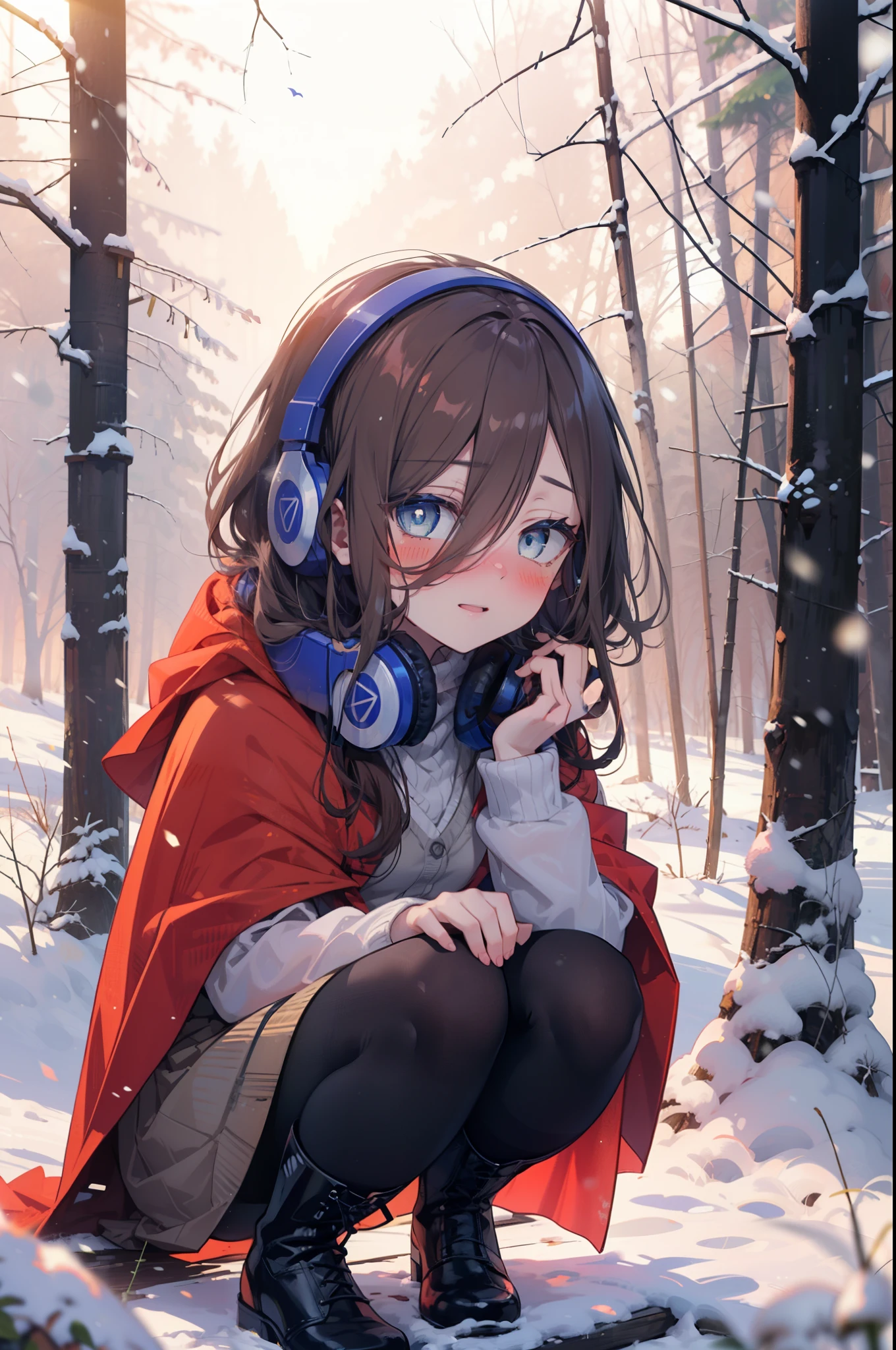 Miku Nakano, Miku Nakano, Long Hair, bangs, Brown Hair, shirt, Hair between the eyes, cardigan, Headphones around neck,smile,blush,White Breath,
Open your mouth,snow,A bonfire on the ground, Outdoor, boots, snowing, From the side, wood, suitcase, Cape, Blurred, Increase your meals, forest, White handbag, nature, Squat, Mouth closed, フードed Cape, winter, Written boundary depth, Black shoes, red Cape break looking at viewer, Upper Body, whole body, break Outdoor, forest, nature, break (masterpiece:1.2), highest quality, High resolution, unity 8k wallpaper, (shape:0.8), (Beautiful and beautiful eyes:1.6), Highly detailed face, Perfect lighting, Highly detailed CG, (Perfect hands, Perfect Anatomy),