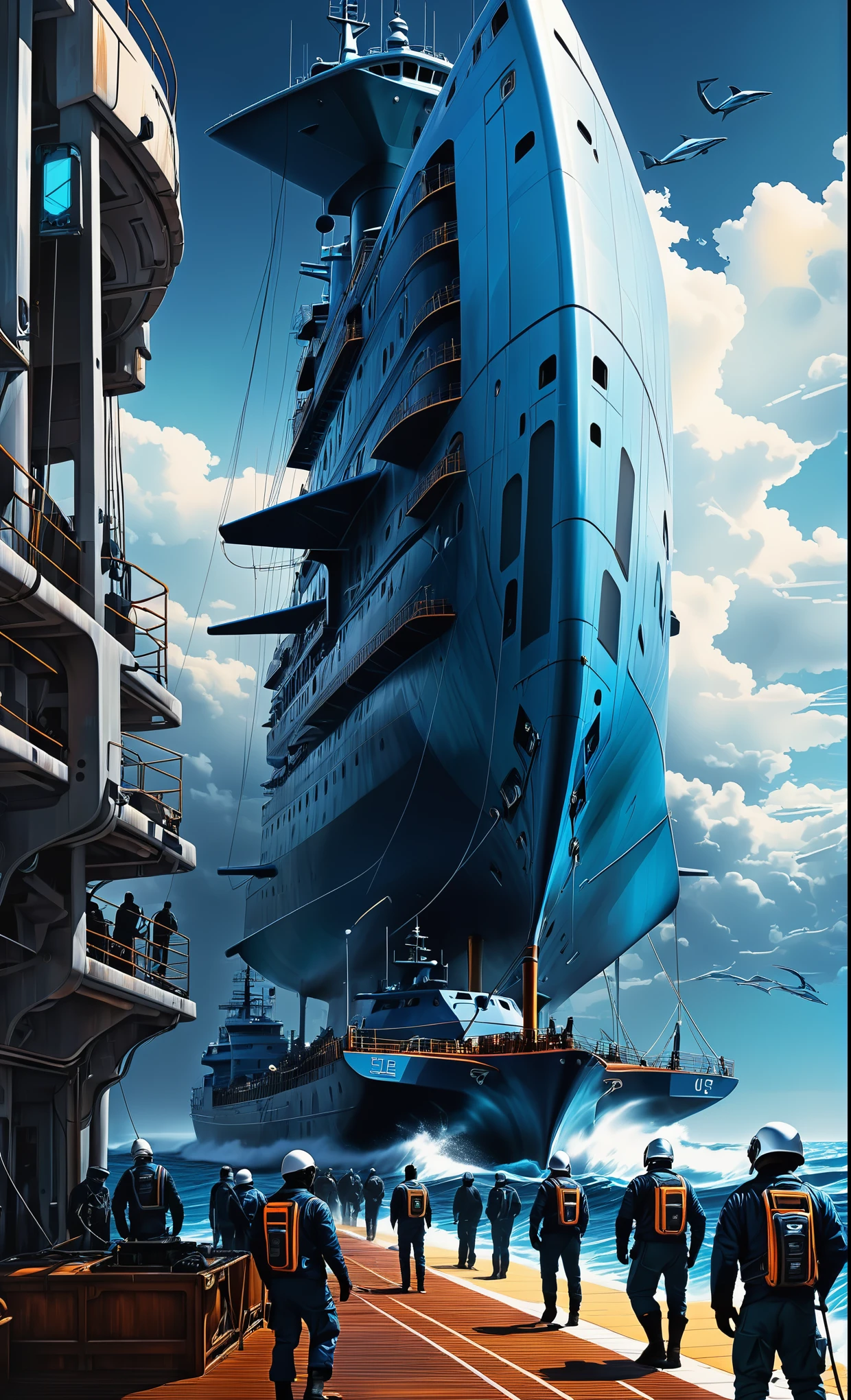 Nazare Nautica vol.2 - Port and shipyard, by Luis Duarte, Nanopunk, blue shading, Nazare style, Element Water, Mythpunk, Graphic Interface, Space Art, Sci-Fic Art, Dark Influence, NijiExpress 3D v3, Kinetic Art, Datanoshing, Oilpainting, Ink v3, Splash style, Abstract Art, Abstract Tech, Cyber Tech Elements, Futuristic, Epic style, Illustrated v3, Deco Influence, AirBrush style, drawing