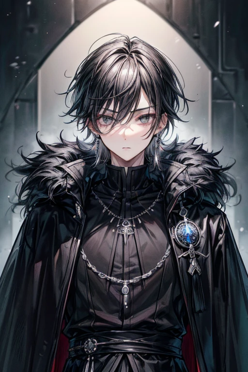 (masterpiece, best quality, perfect face, expressive eyes), 1boy, (anime), (male), (adult), black hair, grey gradient hair, grey eyes, black fur cloak, black noble clothes, earrings, jewelry, pendant,